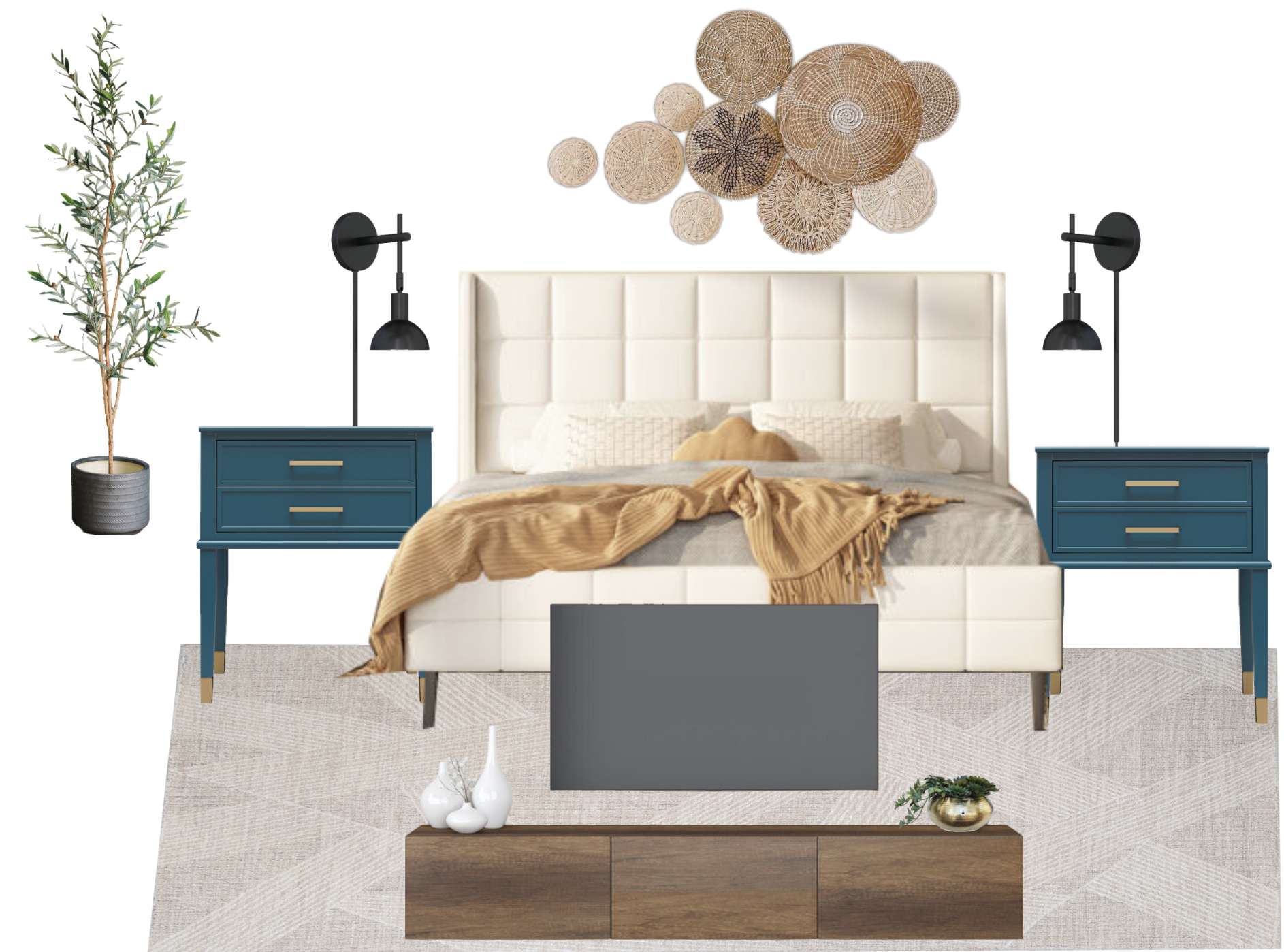 Modern bedroom interior with white tufted headboard, two blue nightstands with lamps, beige blanket, wall art, potted plant, and wooden TV stand with decorative items.