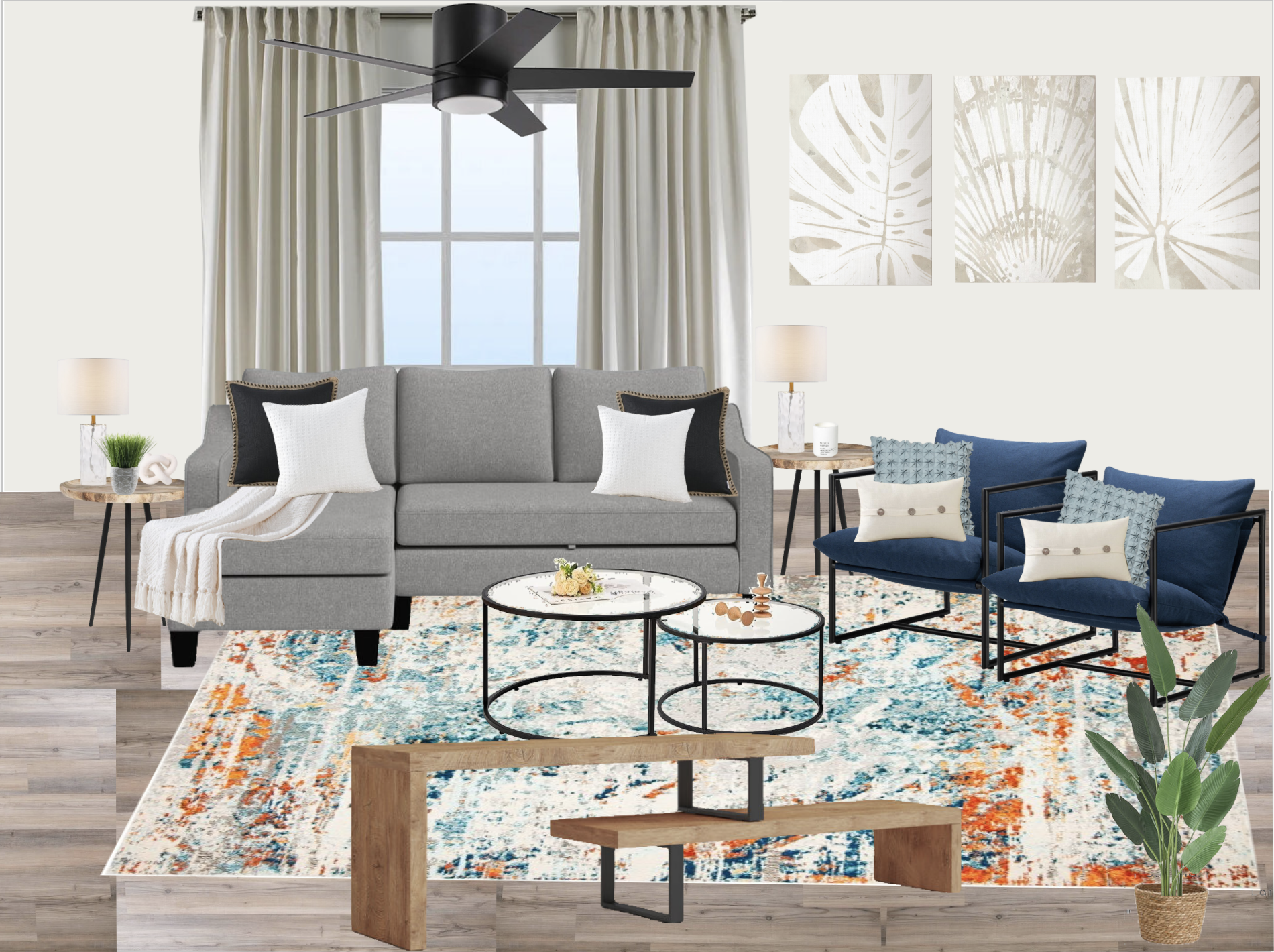 Modern living room interior with gray sofa, blue chairs, round coffee tables, abstract rug, wall art, and plants.