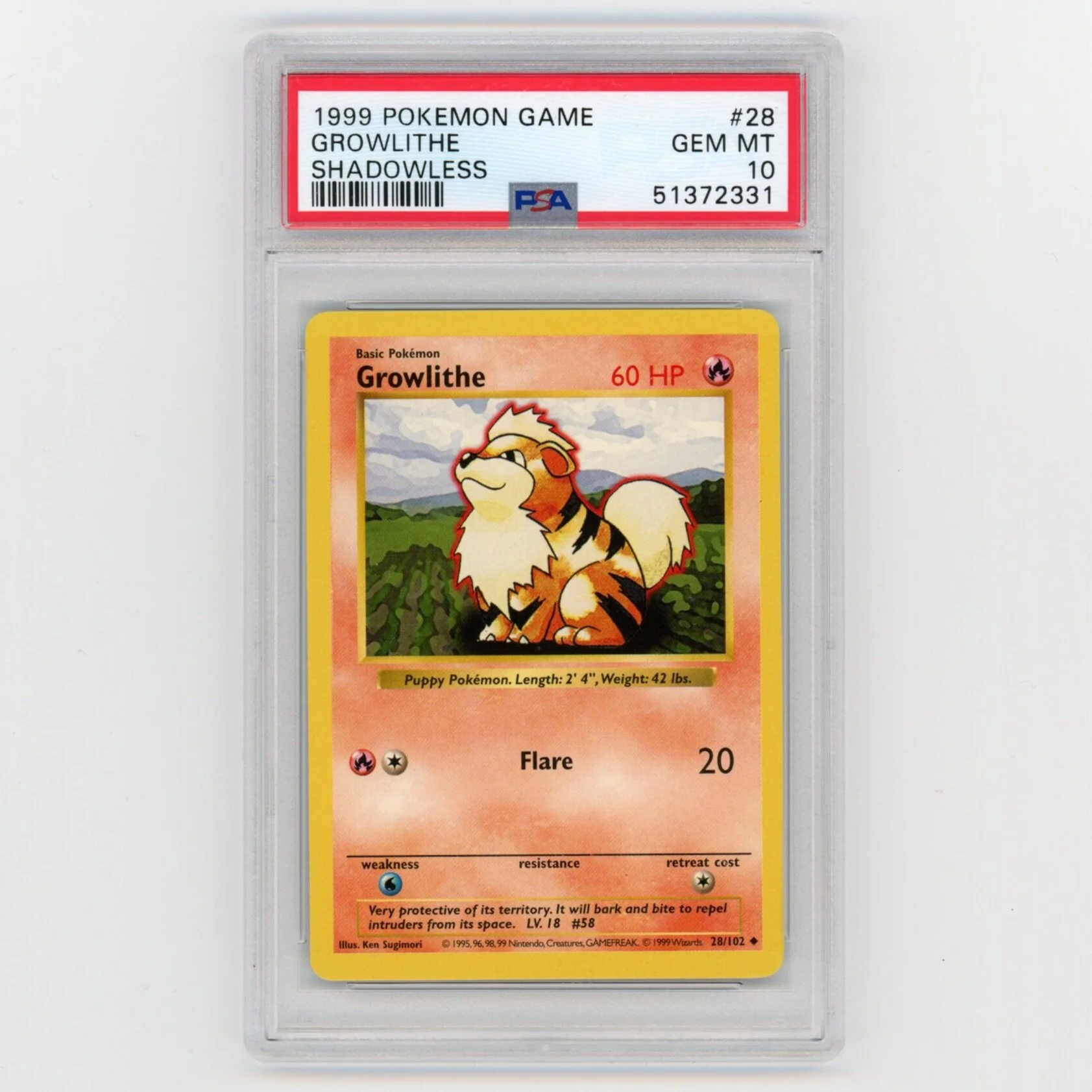Growlithe 28/102 Shadowless Base Set Pokémon PSA 10