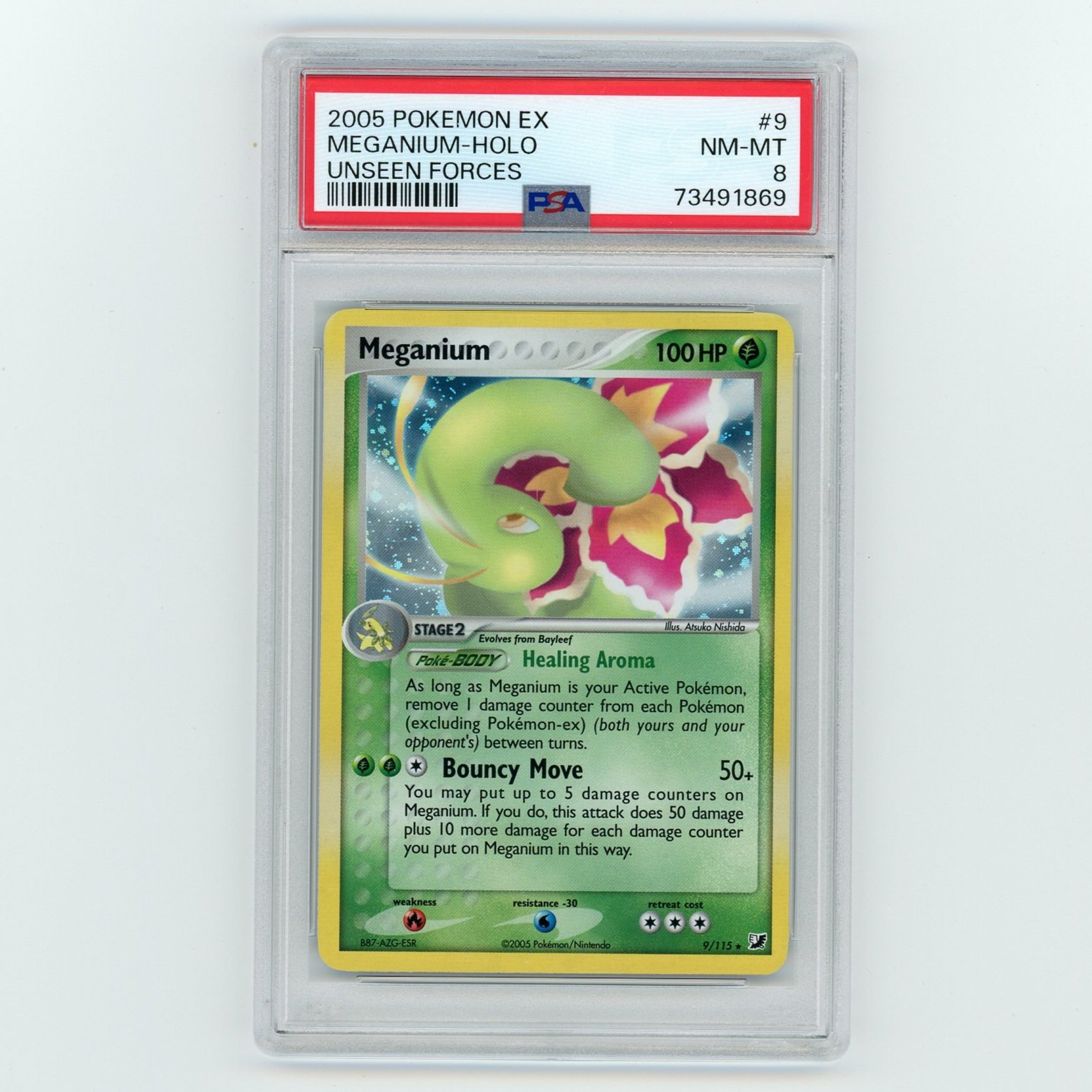 Meganium Holo 9/115 EX Unseen Forces Pokémon PSA 8 Card