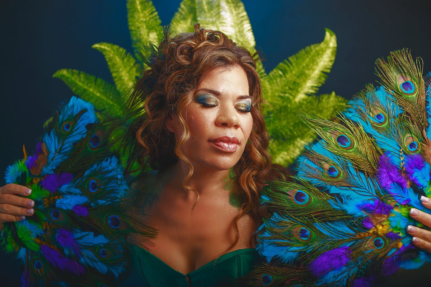 edmonton boudoir fantasy studio portrait mother peacock with colorful feather fans