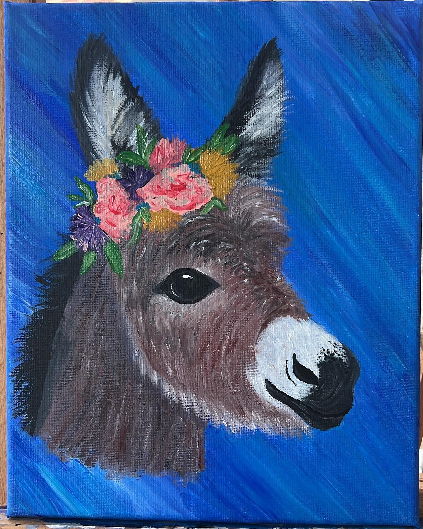 *PRETTY DONKEY ALERT 🚨 *
-
I asked the question the other day as to what animal I should paint onto the blue background, and with a variety of answers I went with something that I haven&rsquo;t painted yet - a cute little donkey with some flowers in