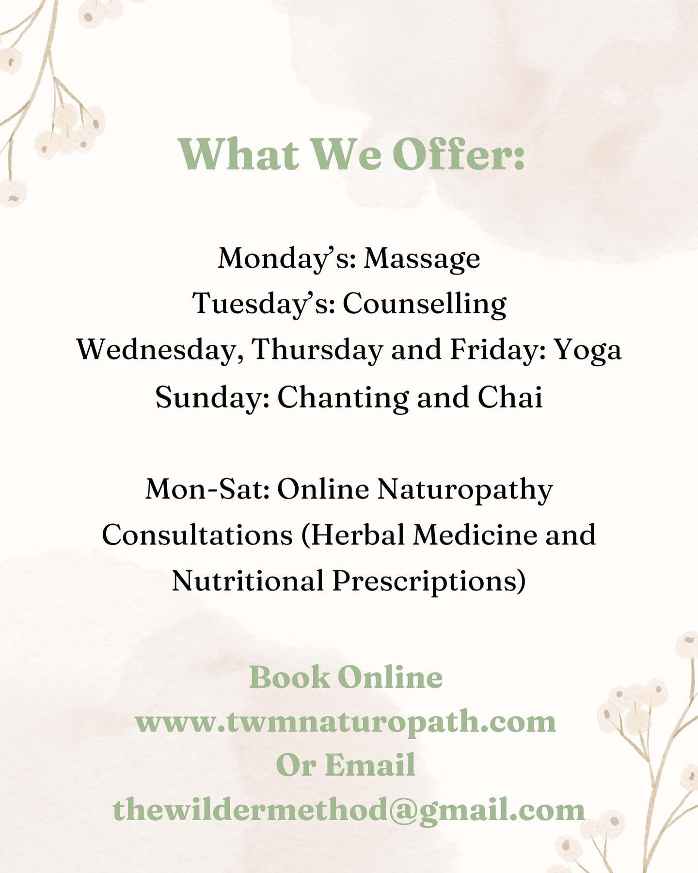 New Program!

@vitalityremedial Massage available on Mondays - info on the website.

@wholeawarenesscounselling is available Tuesday, call Bec on 0425 911 919.

Jess and Alice will be alternating Wednesday Yoga classes (in person and online) - info o
