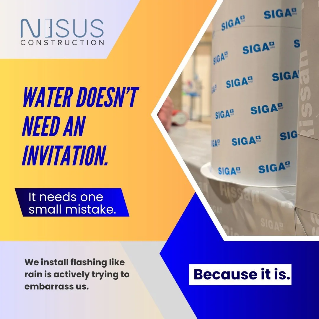 Water doesn&rsquo;t need an invitation.
It needs one small mistake.

We install flashing like rain is actively trying to embarrass us.

Because it is.

CSLB: 1084882
#WeatherProofing #BetterBuild #NisusConstruction #SiteWisdom #BuildingSmarter