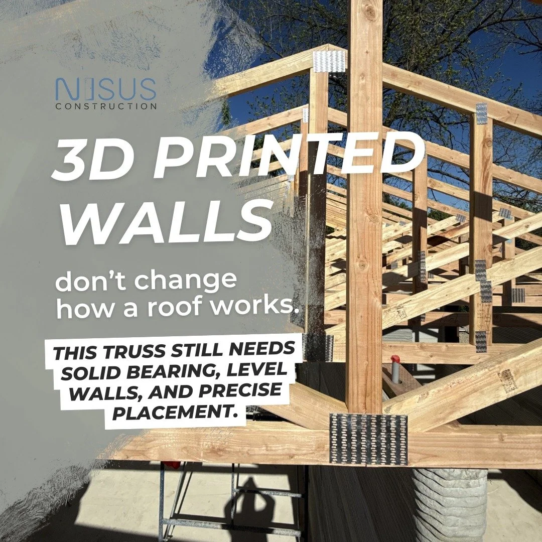 3D printed walls don&rsquo;t change how a roof works.
This truss still needs solid bearing, level walls, and precise placement.

If the structure below is off, everything above follows.
New method, same standards. Build it right from the base up.

Wa