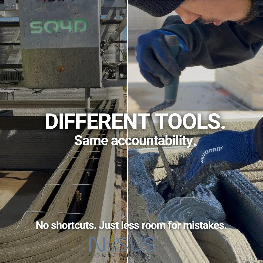 3D printing didn&rsquo;t replace the crew.
It just gave us less room to screw it up.

Now we&rsquo;re watching flow and timing instead of cutting studs.
Different tools. Same accountability.

Want a crew that actually pays attention?
Let&rsquo;s buil