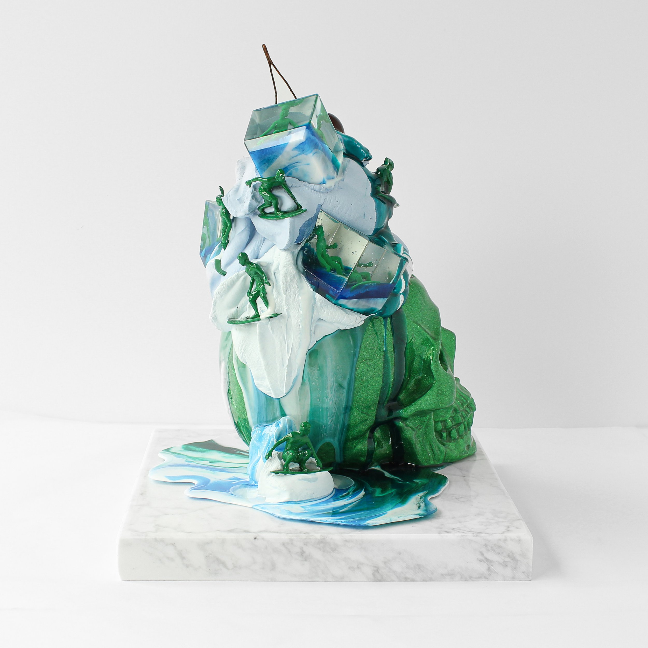 Water Nomad-10x 10x 13in -casted hydrocal cement, pigmented hydrocal cement, resin, polyurethane resin, resin, automotive paint, metal flake-detachable carrara marble base-$3,200 -2023 - “Wheres Your Head At” livibon release--2.jpg