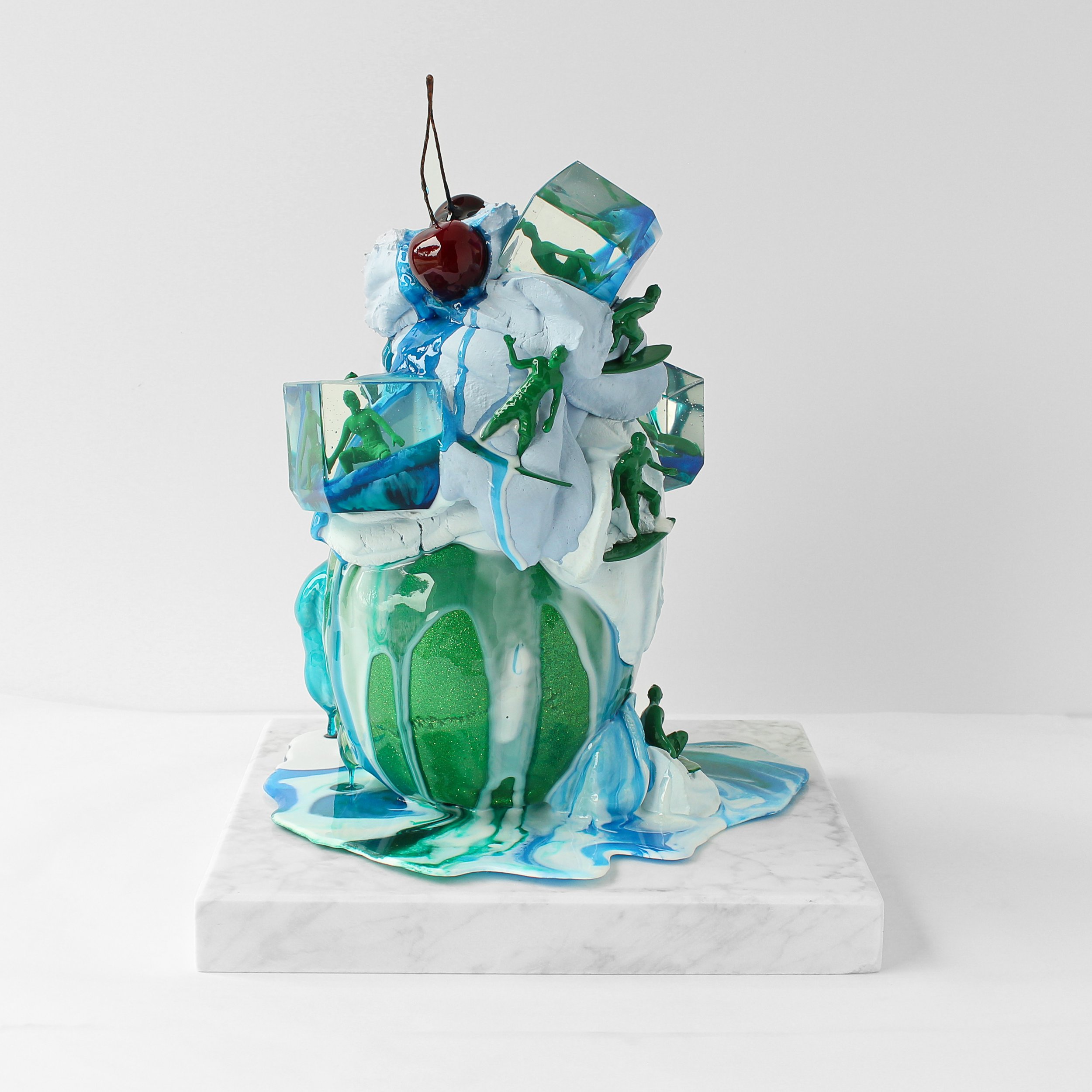 Water Nomad-10x 10x 13in -casted hydrocal cement, pigmented hydrocal cement, resin, polyurethane resin, resin, automotive paint, metal flake-detachable carrara marble base-$3,200 -2023 - “Wheres Your Head At” livibon release--3.jpg