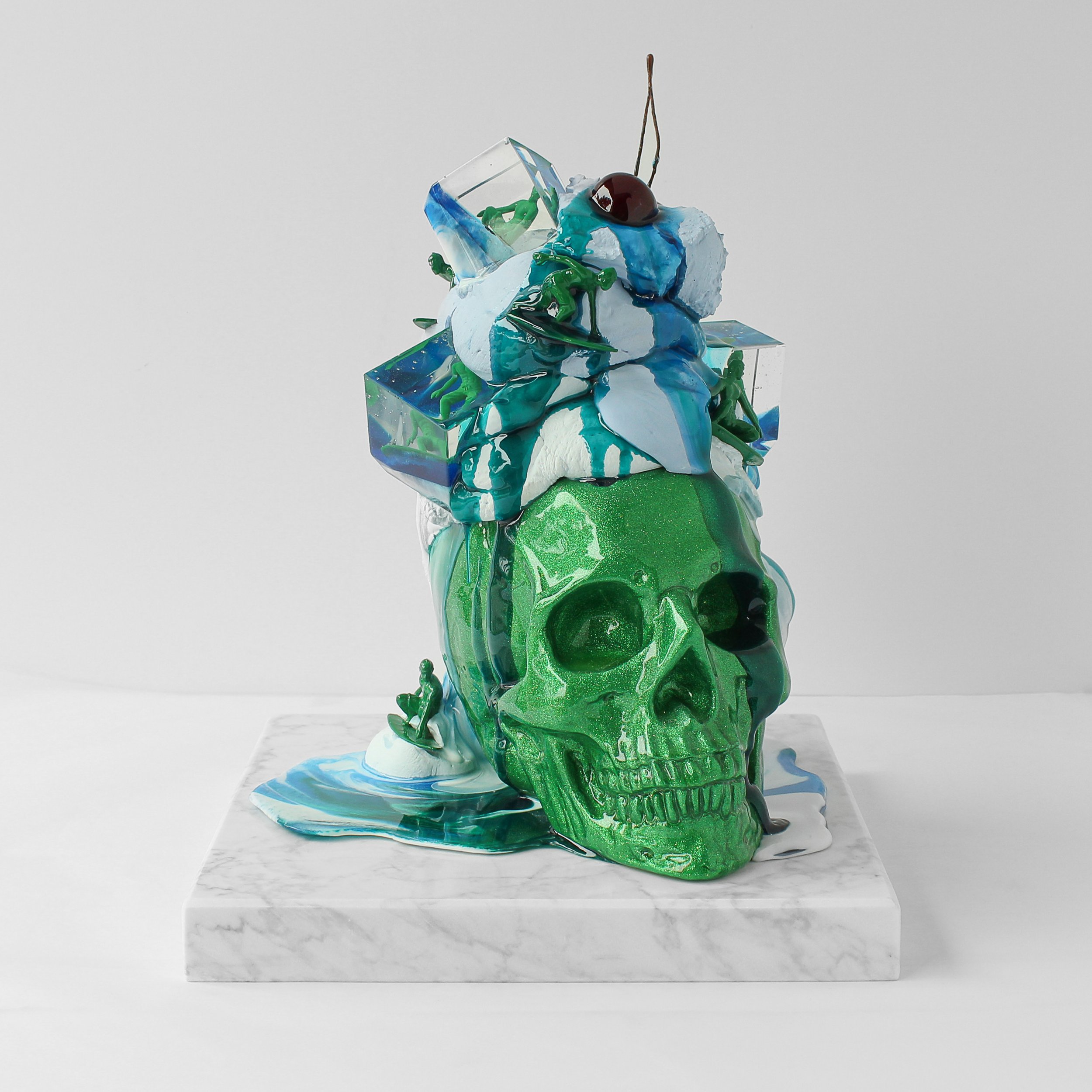 Water Nomad-10x 10x 13in -casted hydrocal cement, pigmented hydrocal cement, resin, polyurethane resin, resin, automotive paint, metal flake-detachable carrara marble base-$3,200 -2023 - “Wheres Your Head At” livibon release-.jpg