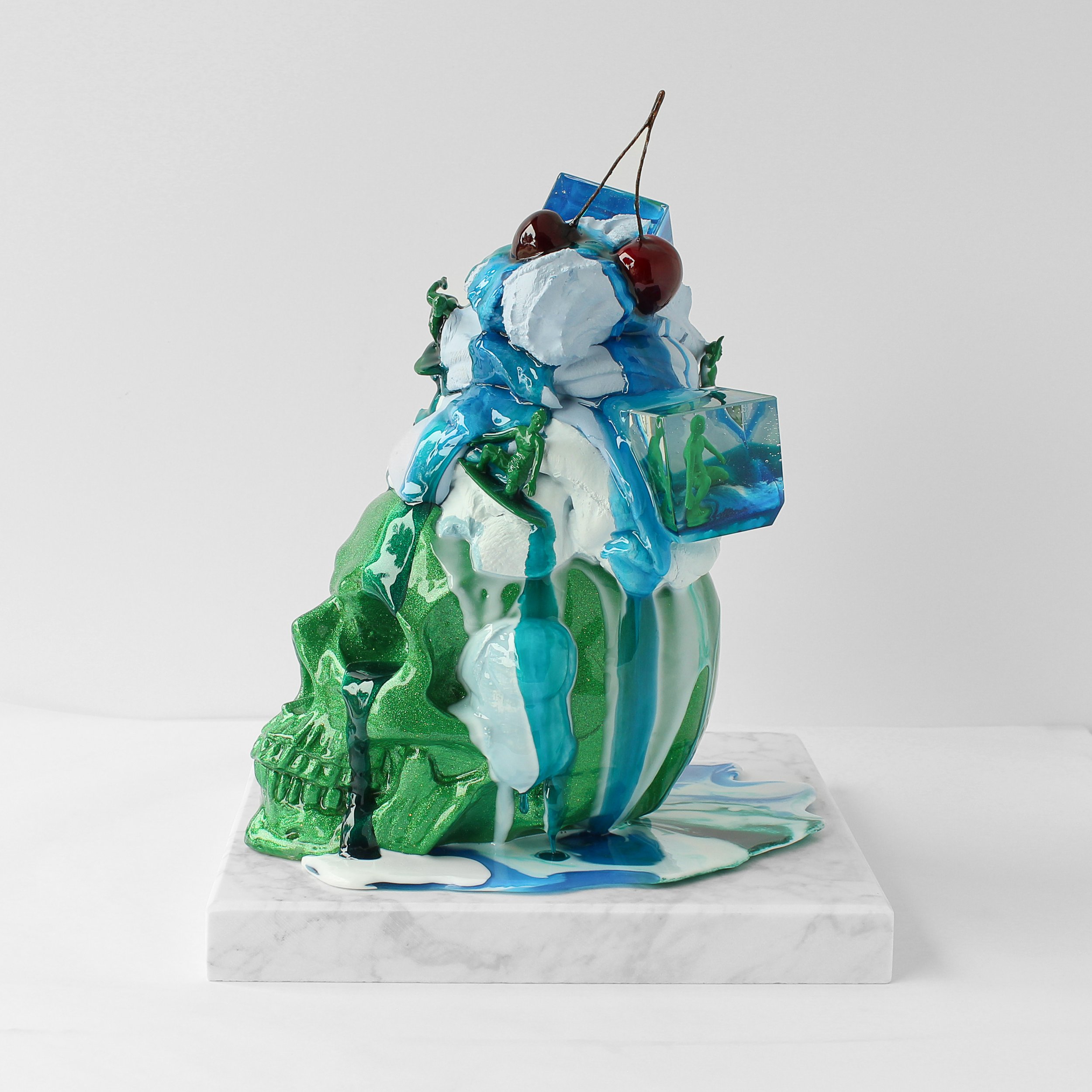 Water Nomad-10x 10x 13in -casted hydrocal cement, pigmented hydrocal cement, resin, polyurethane resin, resin, automotive paint, metal flake-detachable carrara marble base-$3,200 -2023 - “Wheres Your Head At” livibon release--4.jpg