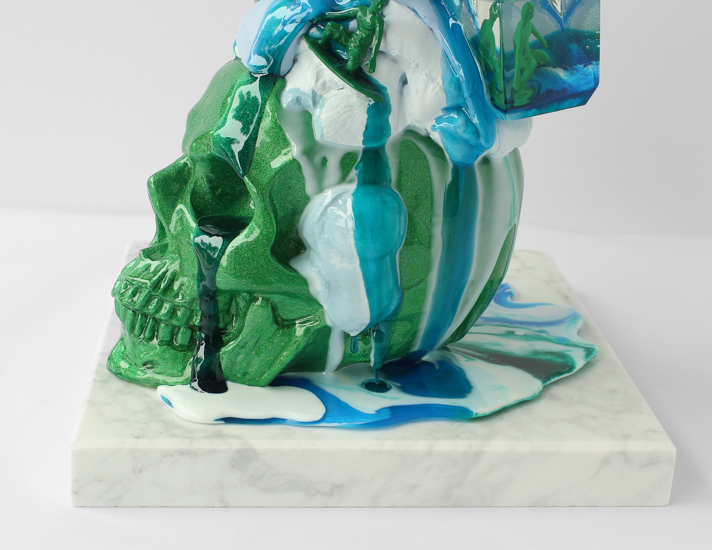 Water Nomad-10x 10x 13in -casted hydrocal cement, pigmented hydrocal cement, resin, polyurethane resin, resin, automotive paint, metal flake-detachable carrara marble base-$3,200 -2023 - “Wheres Your Head At” livibon release--24.jpg