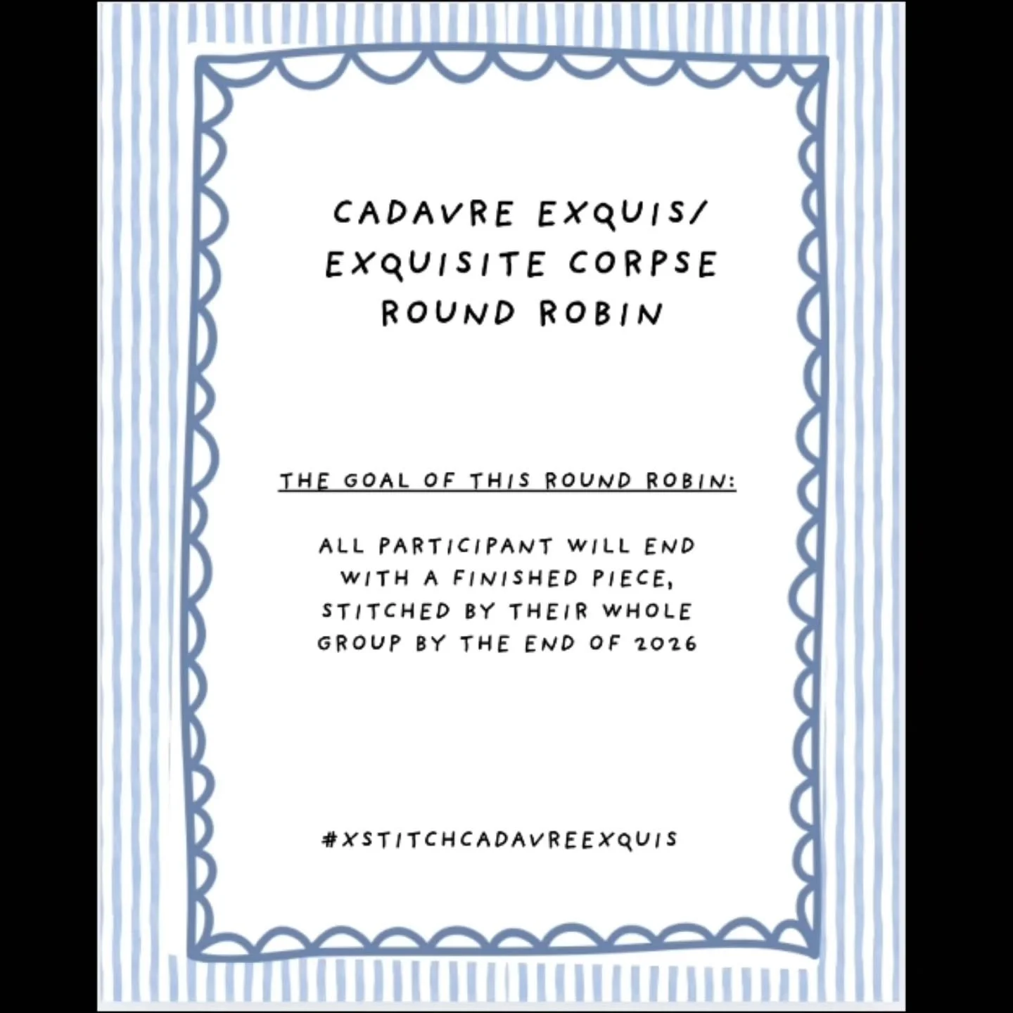 READY?!

Everyone interested in participating in a Cadavre Exquis Cross Stitch Round Robin, please msg me!

Please share with anyone you think would be interested.

Cut off will be November 15th, 2025

🤗😍💕

#xstitchcadavreexquis
#cadavreexquis 
#e