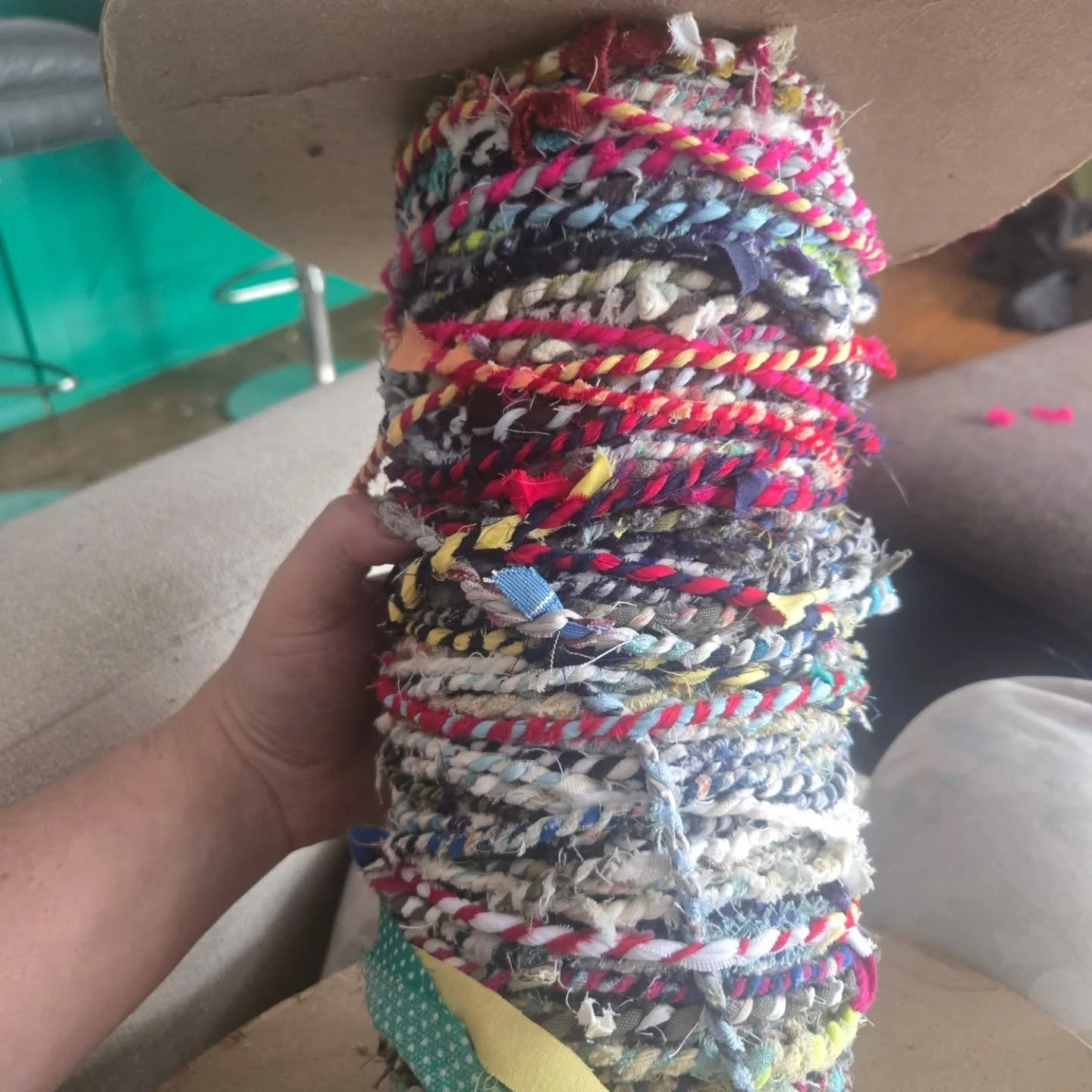 2025 scraps made into a twine.

I think ill try a coil basket....but open to any suggestions💜💖❤️💚🧡

HAPPY NEW YEAR EVERYONE!!!!!!🎉🎊🥳

#nowaste 
#scrapfabrics 
#twine