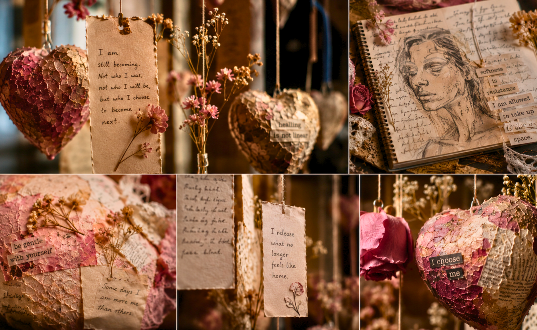 A collage of decorative hearts and handwritten notes with inspirational quotes, flowers, and sketches, arranged in a romantic or artistic display.