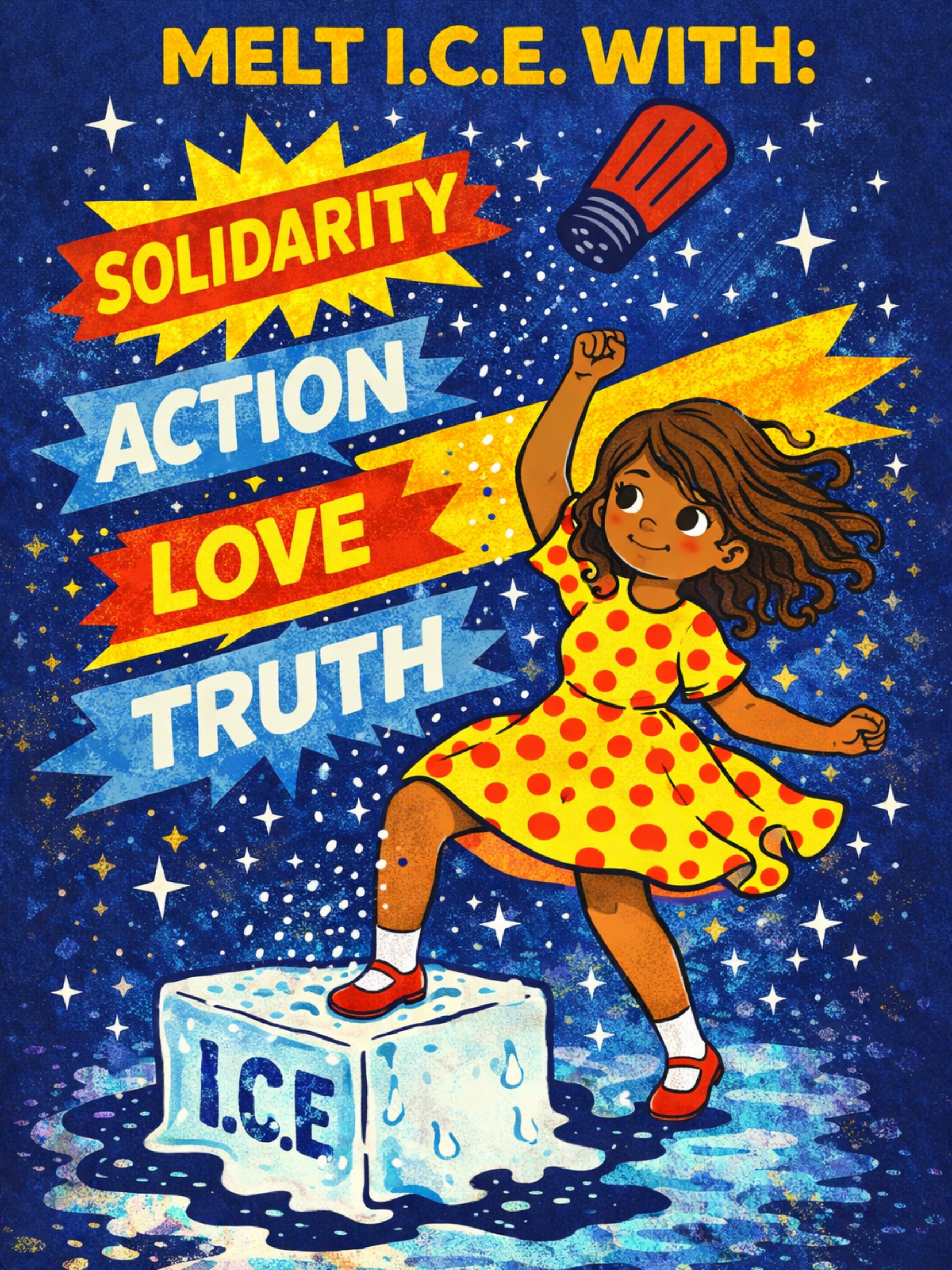 A young girl with curly brown hair, wearing a yellow polka-dot dress and red shoes, standing on a block of ice, smashing it with her fist. The background is dark blue with white stars. Text reads: "Melt Ice with: Solidarity, Action, Love, and Truth."