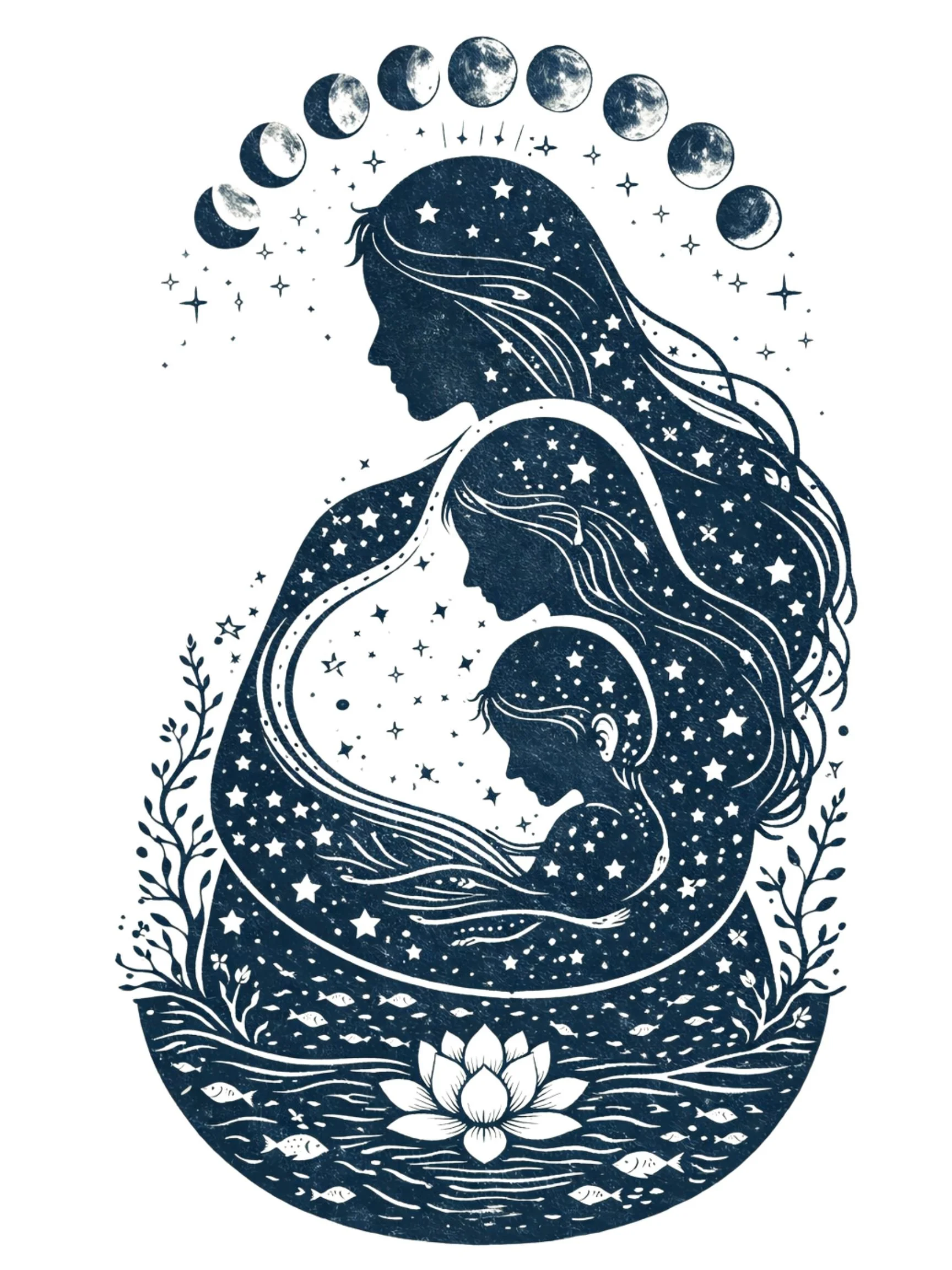 An artistic illustration of a woman with flowing hair filled with stars and celestial imagery, surrounded by phases of the moon and aquatic elements, depicted in a dark blue and white color scheme.