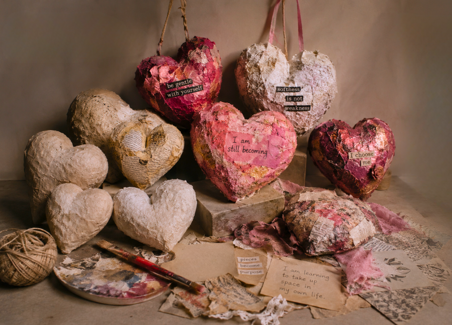 A collection of handmade paper hearts decorated with collage and textured paper, placed on a workshop table. Some hearts have inspirational and self-affirming words and phrases, like 'be gentle with yourself,' 'softness is not weakness,' and 'I am st