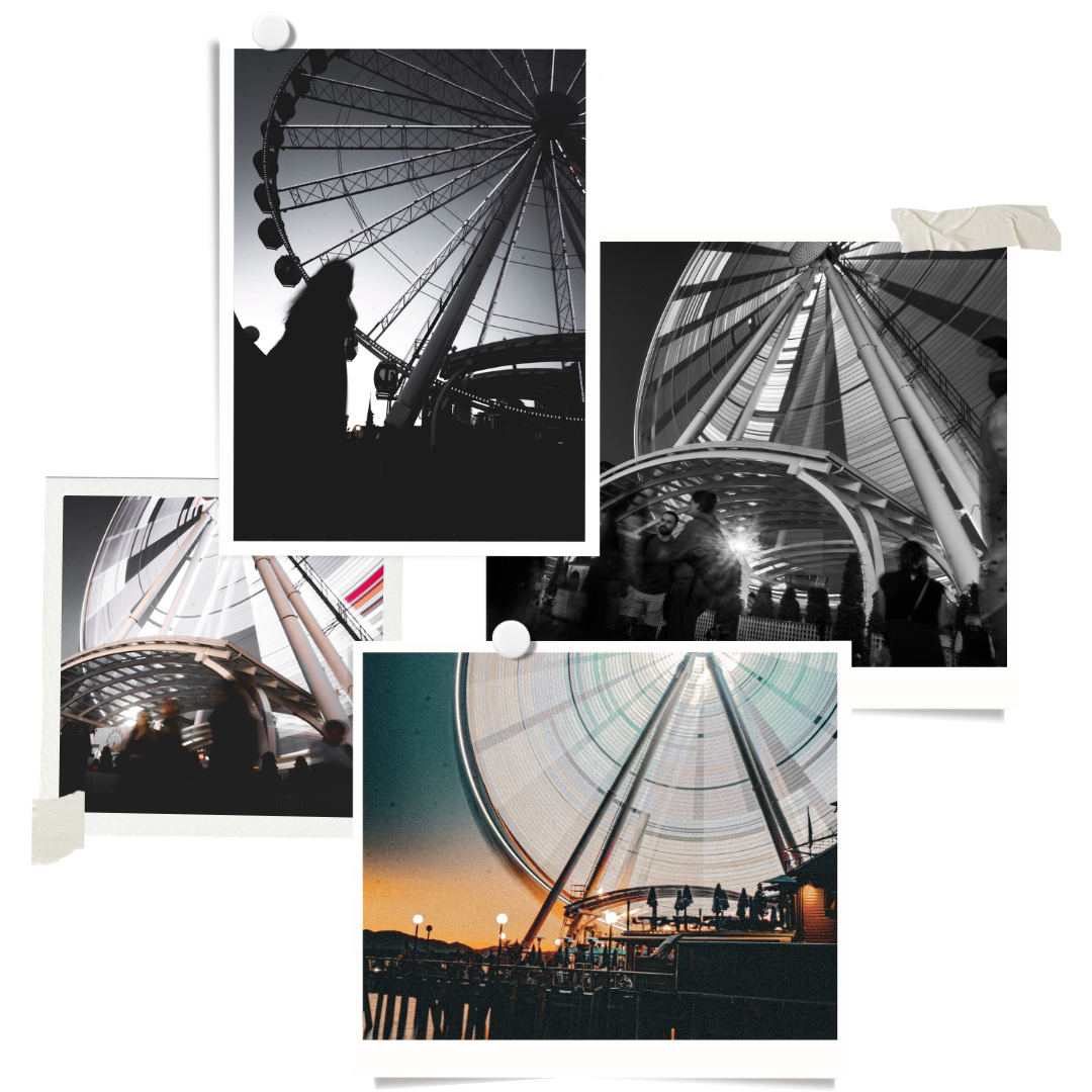 Photographs of a large Ferris wheel from various angles and times of day, including daytime and nighttime views, with some photos in black and white and others in color.