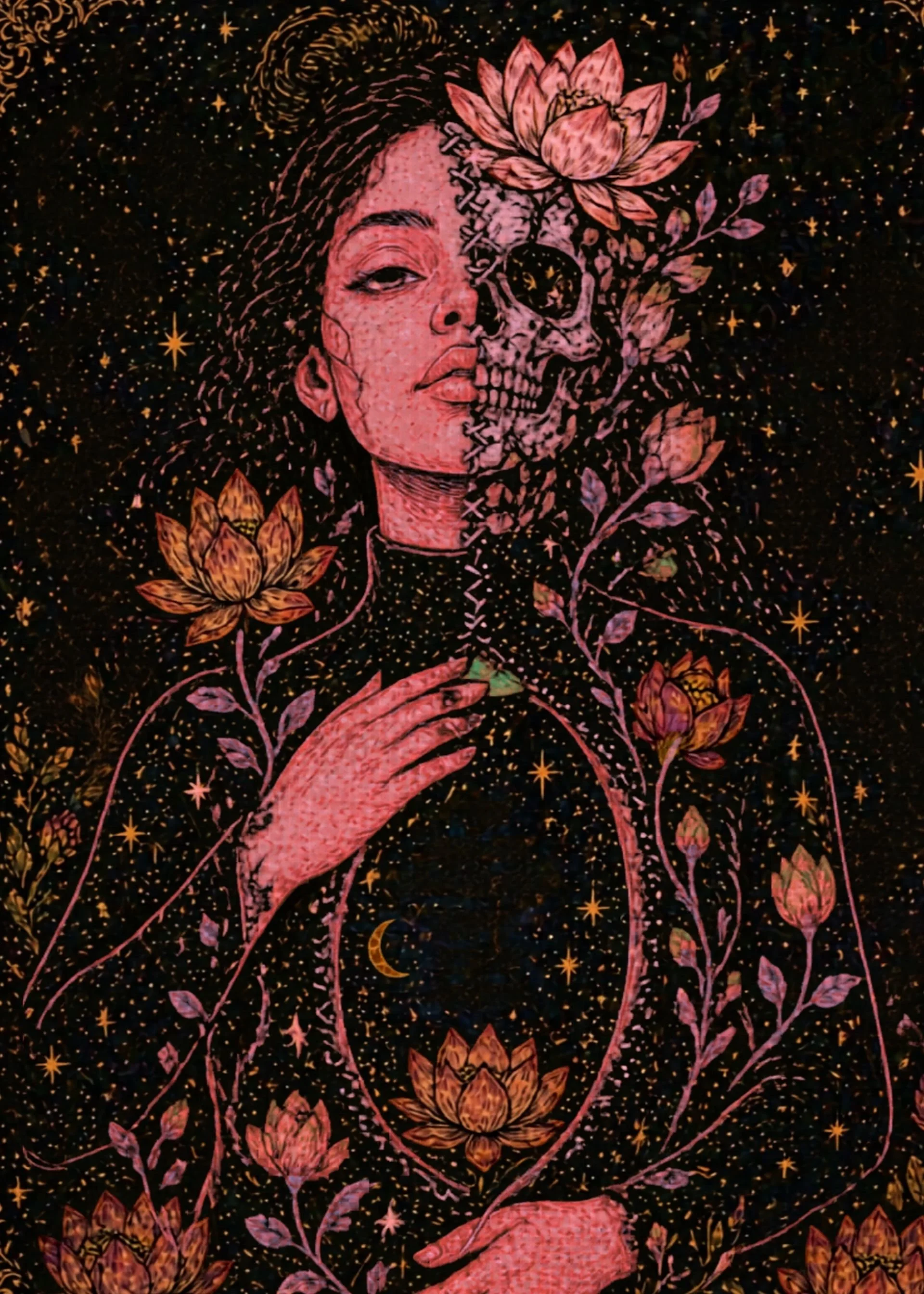 A woman with half her face as a detailed skull, surrounded by pink lotus flowers and delicate vines, against a starry black background with golden stars and crescent moons.