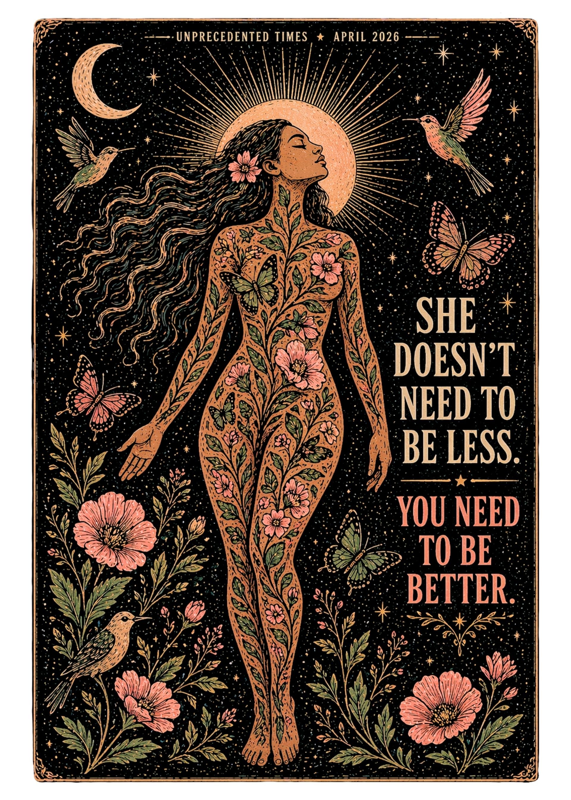 An artistic illustration of a woman with long flowing hair, her body covered in flowers and greenery, standing against a starry night sky with a large moon behind her. There are hummingbirds and butterflies around her. Text says 'Unprecedented times 