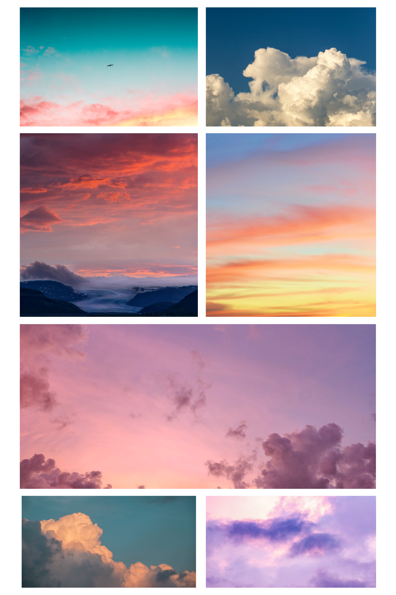 Collage of sunset and sky images with colorful clouds and blue skies.