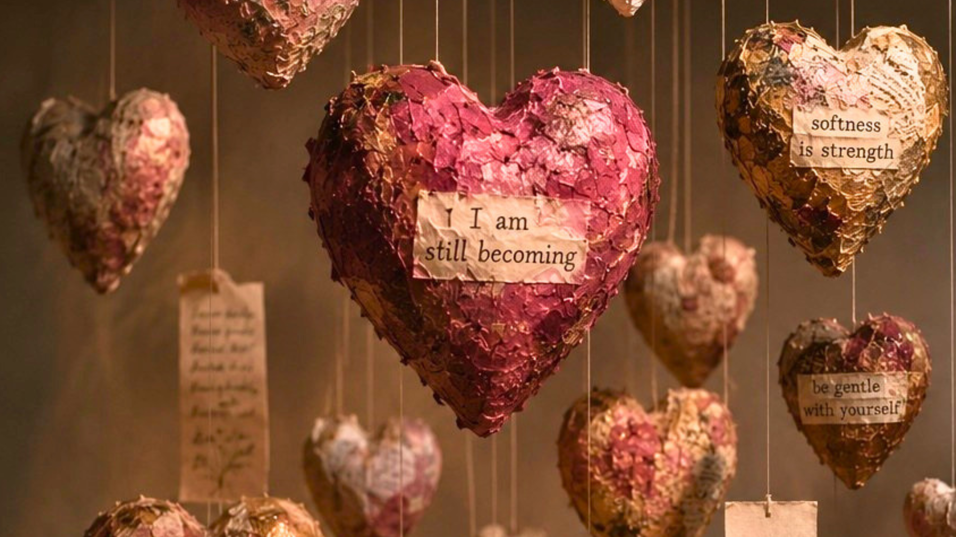 Multiple hanging heart-shaped paper artworks with motivational quotes, including one that says "I am still becoming" and others with various words, decorated with gold and pink leaf-like textures.