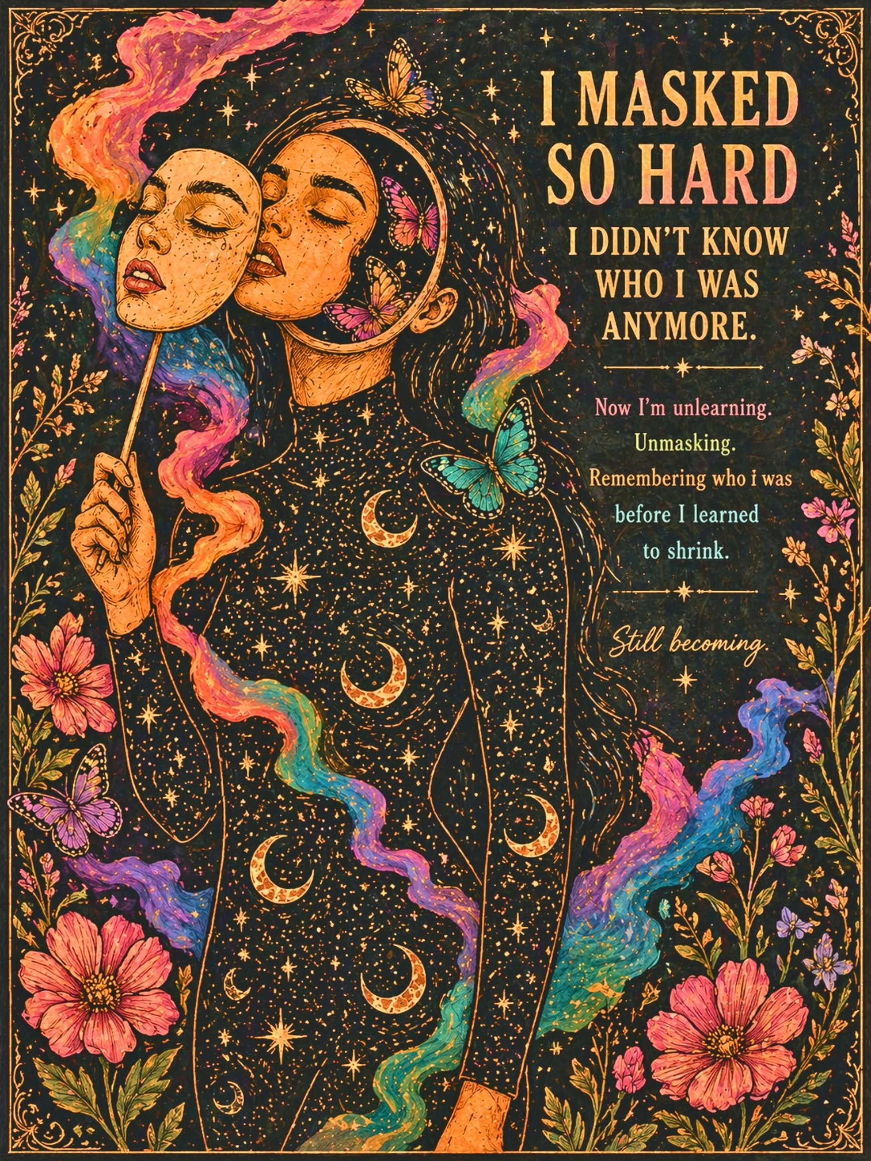 An artistic illustration of a woman holding a mask, with celestial and floral elements in the background. The image contains colorful butterflies, stars, moons, and swirling rainbow-like smoke, with a motivational quote about unmasking and self-disco