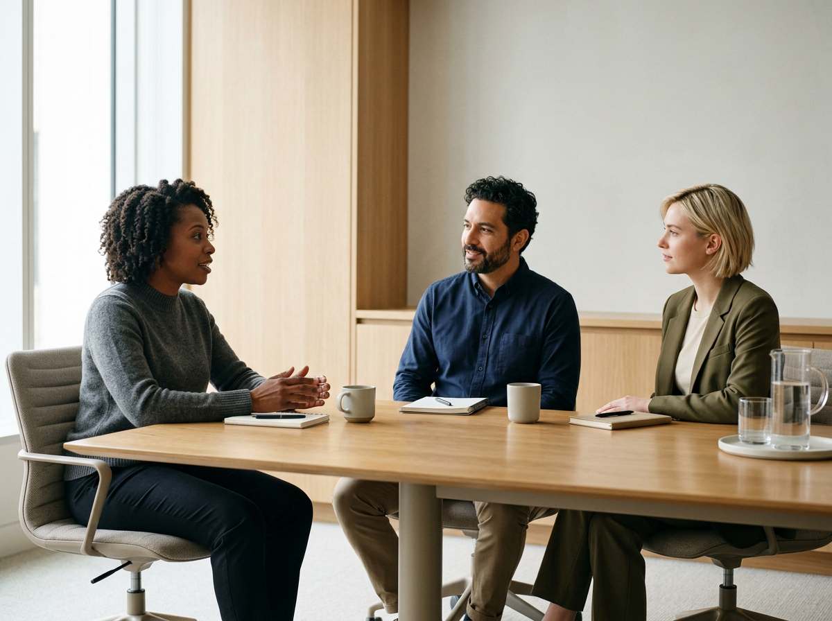 Three people sitting at a conference table in a meeting room, engaged in conversation. Two women and one man, with notebooks, coffee mugs, and a pitcher of water on the table.