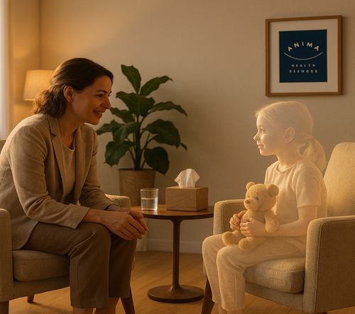 Psychologist and young child in a therapy session