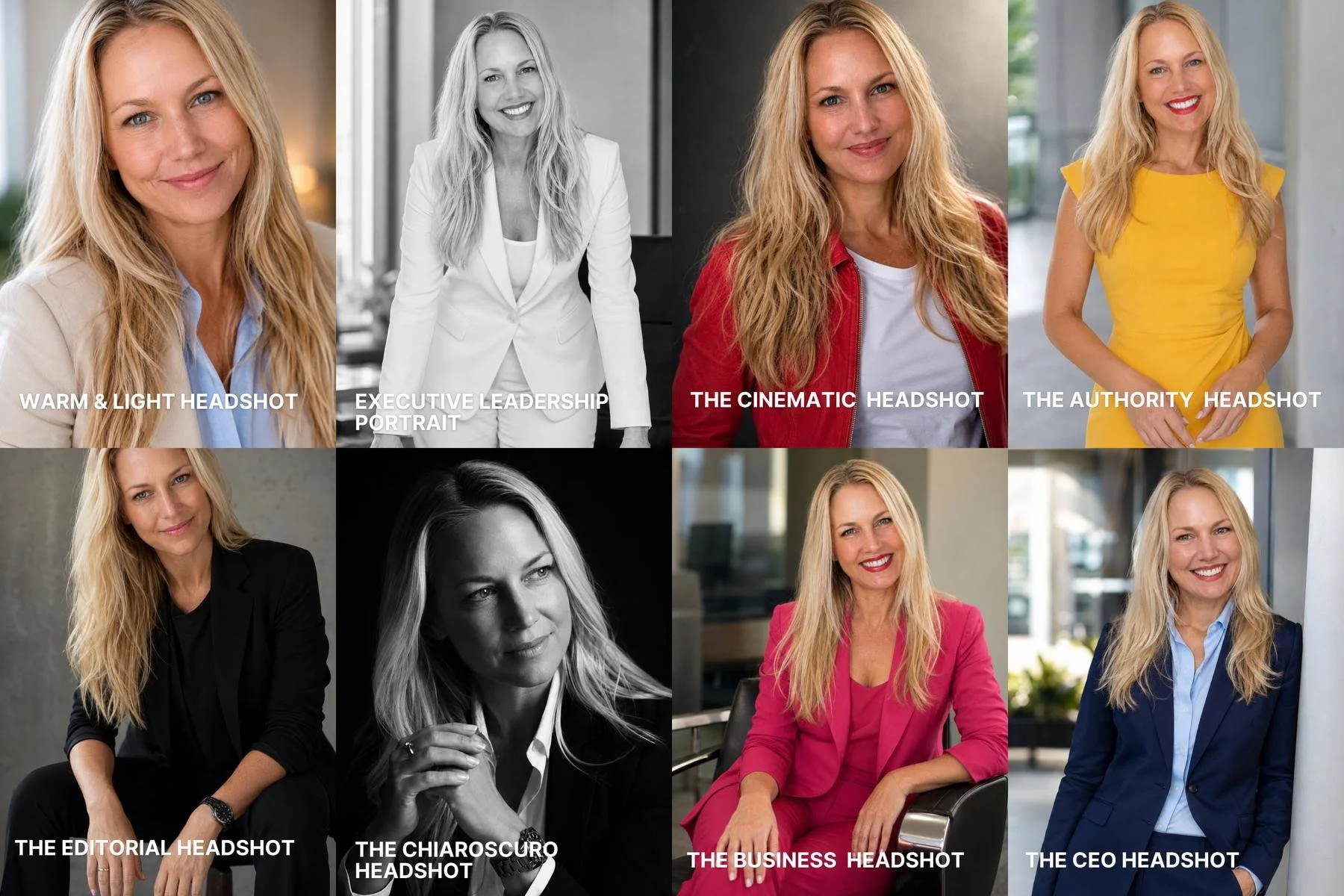Group of 8 headshot images created for Linked in using ChatGPT Image Generator