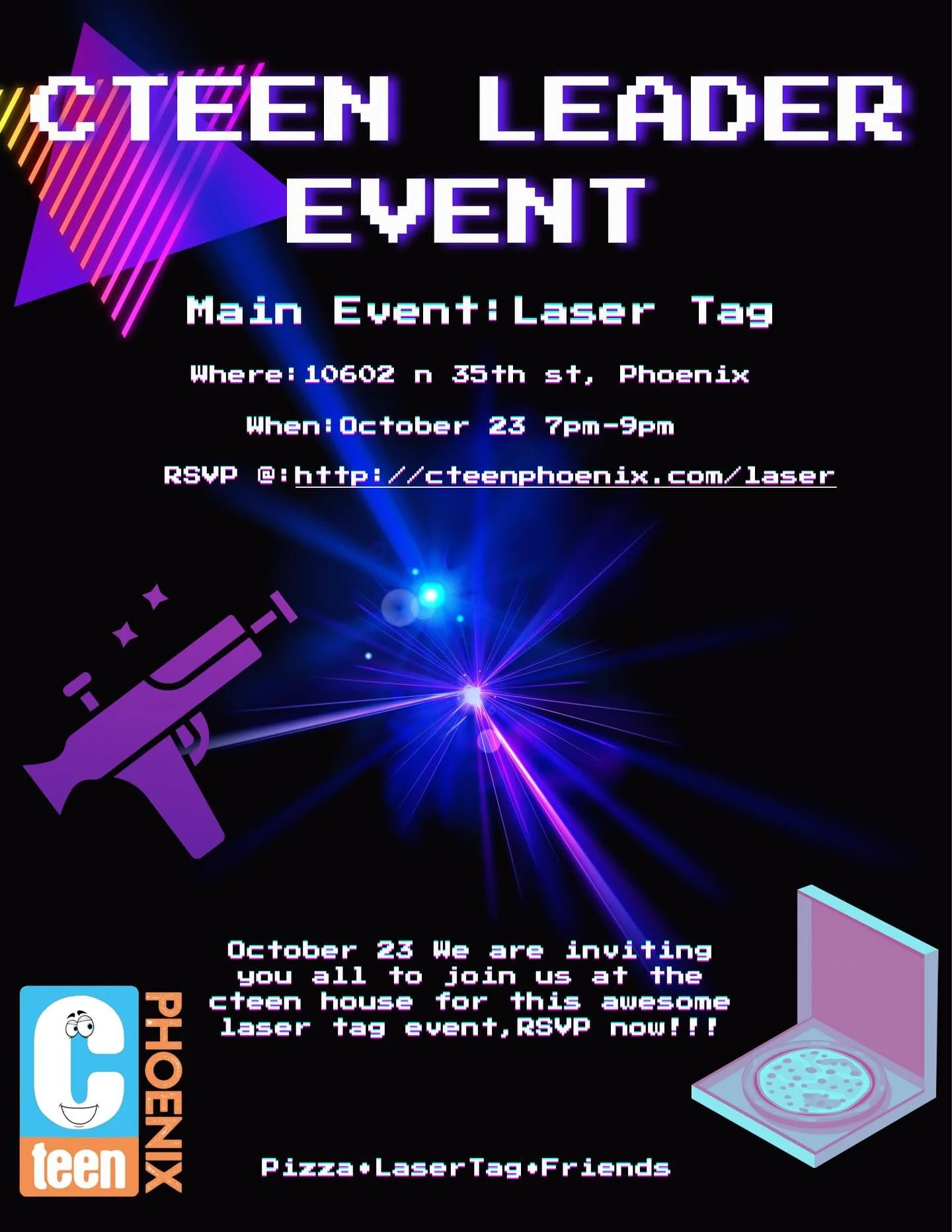 Hope to see you all there! RSVP HERE Cteenphoenix.com/laser

#cteen #cteenphx #jewishteens #phoenix #lasertag
