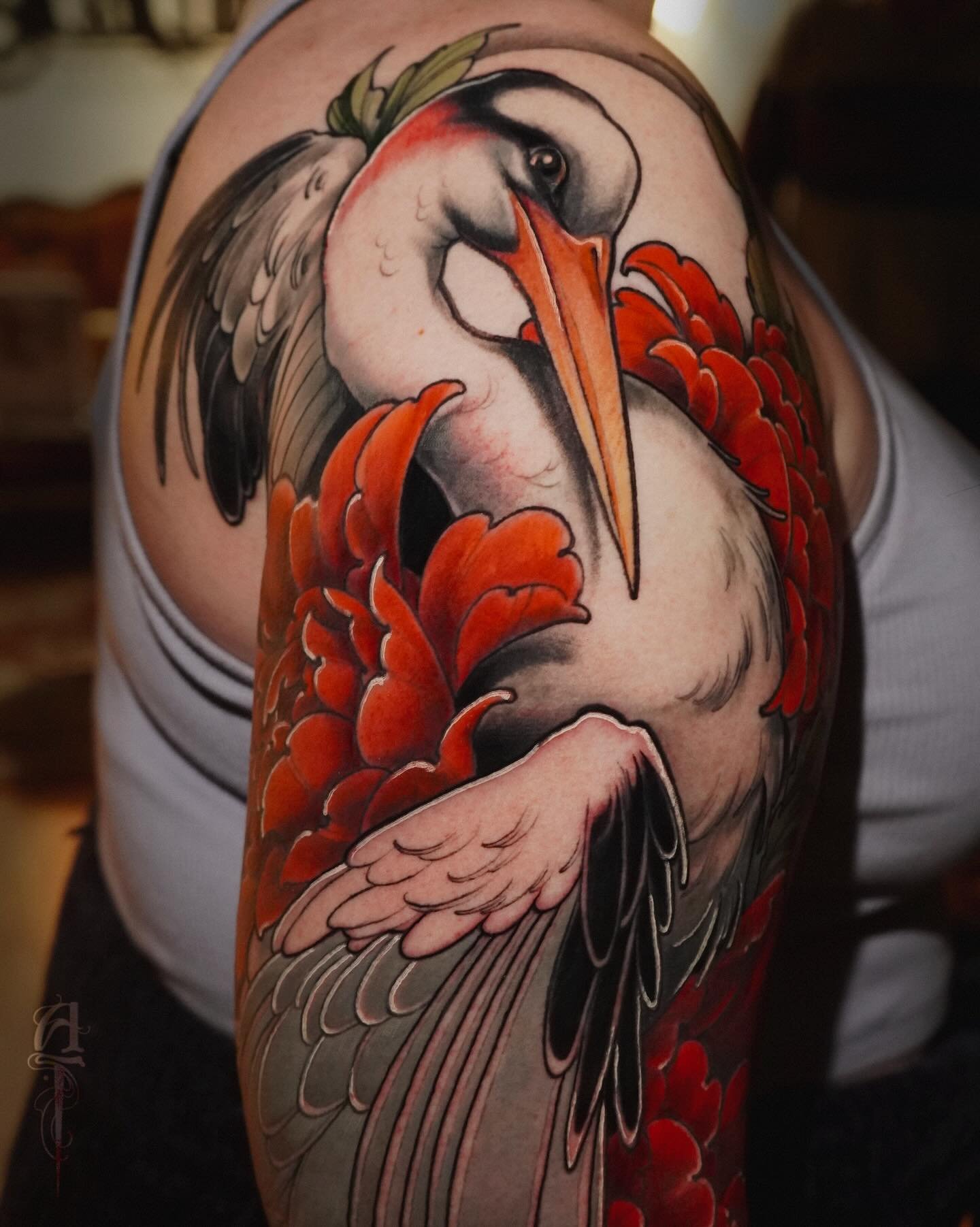 Crane for Libby. ✨
&bull;
&bull;
&lsquo;Fabio&rsquo; took about four full day sessions, and is very healed in some parts. 
I took so many videos and desperately wanted to give you a reel of the full arm, but you probably would have gotten motion sick
