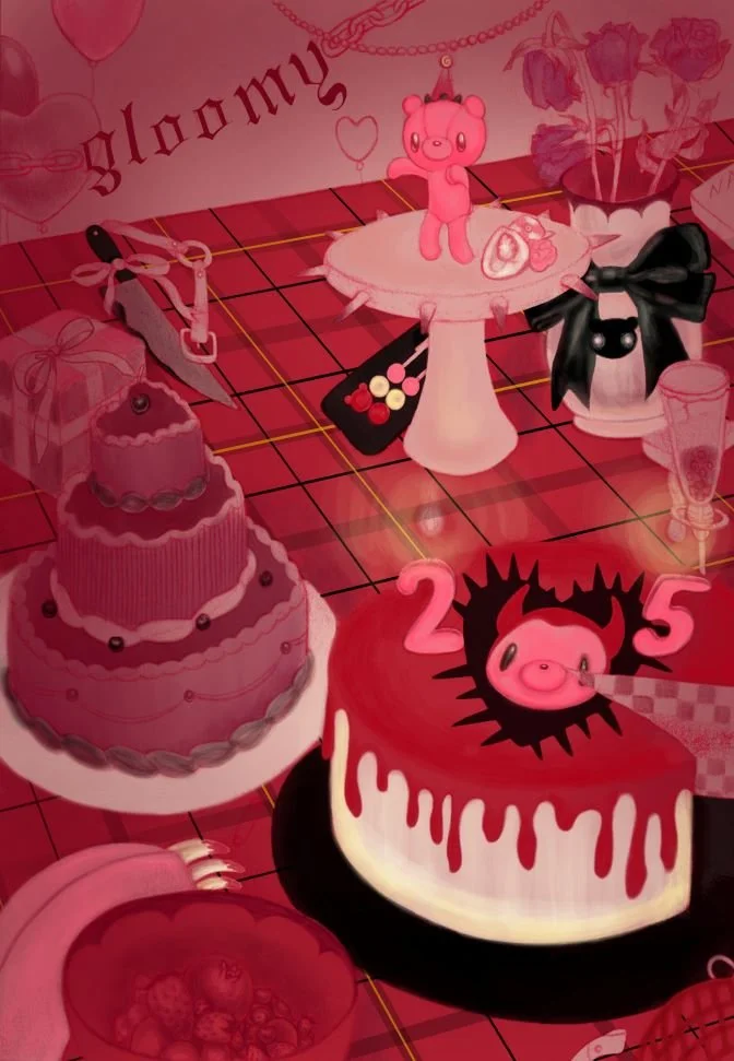 "Omedetou, Gloomy" 2025; colored pencil, colored digitally