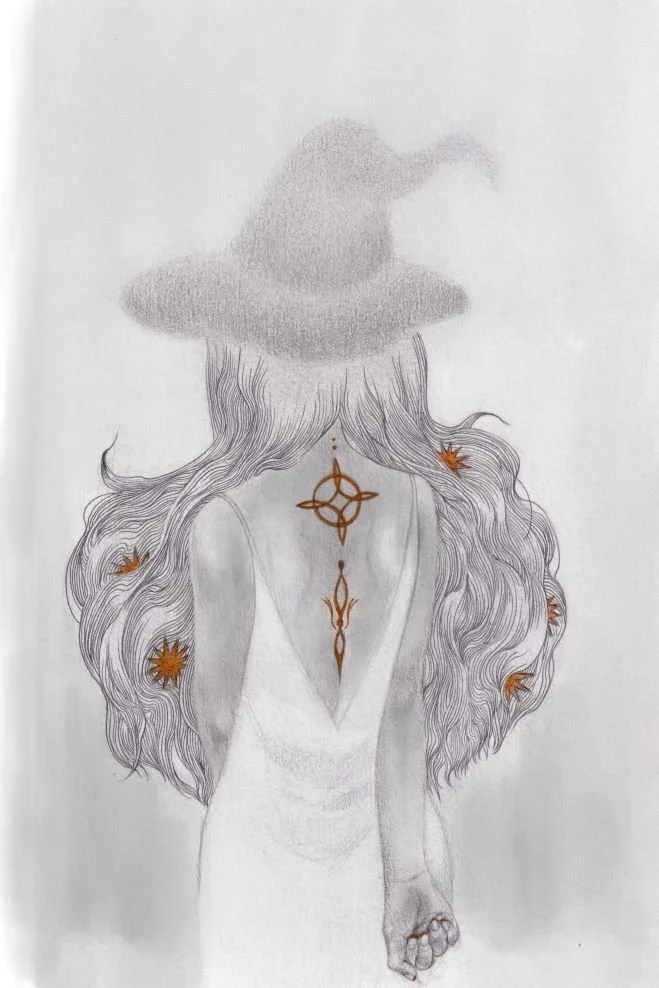 "Witch!" 2025; graphite, colored pencil and gel pen