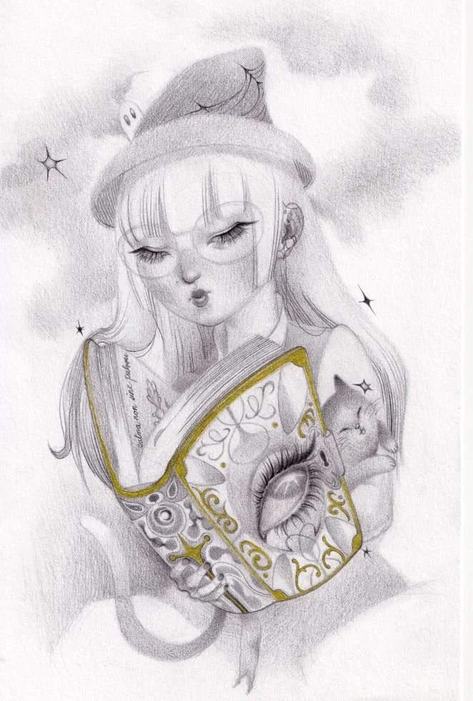 "a studious afternoon" 2025; colored pencil, graphite and gel pen