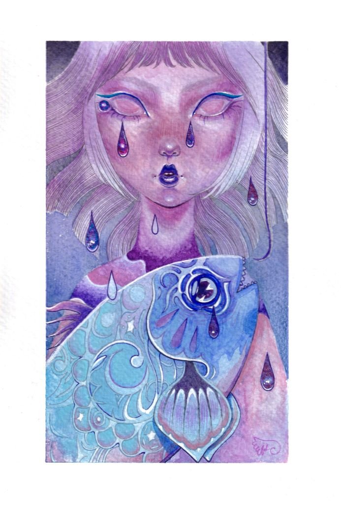 "sadfishwife" 2025; colored pencil, graphite, watercolor, and gel pen