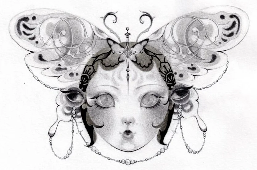 "Goth Moth II" 2025; colored pencil, marker and ballpoint pen