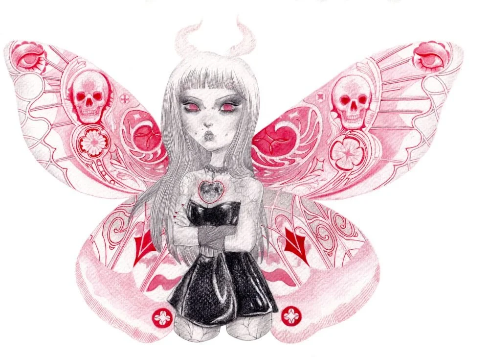 "goth moth" 2024; colored pencil, watercolor and pen