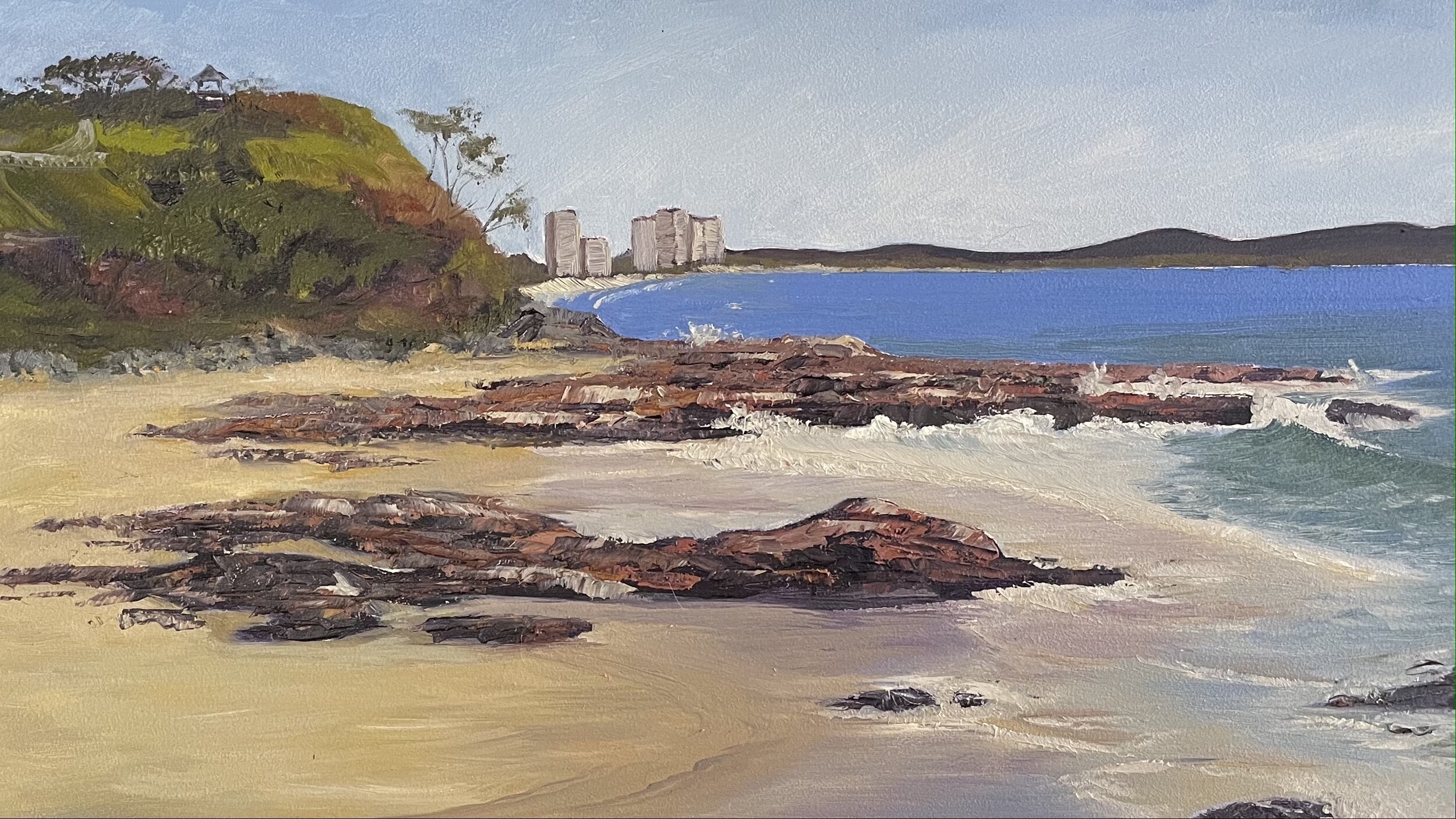 Mooloolaba, 580 x 275 mm, oil on board, unframed, $350.