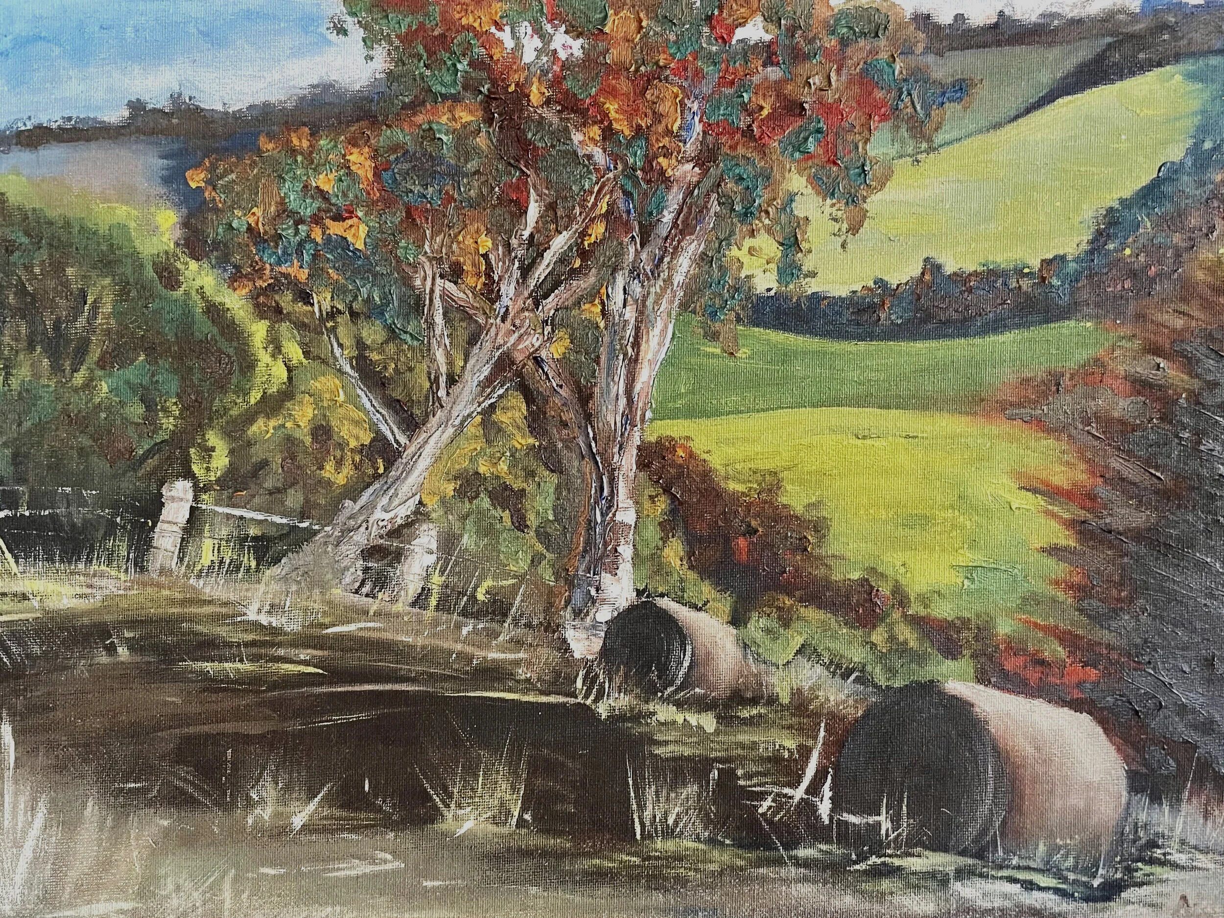 Spring Creek Hay Bales, 485 x 350 mm, oil on canvas board, unframed, $290.