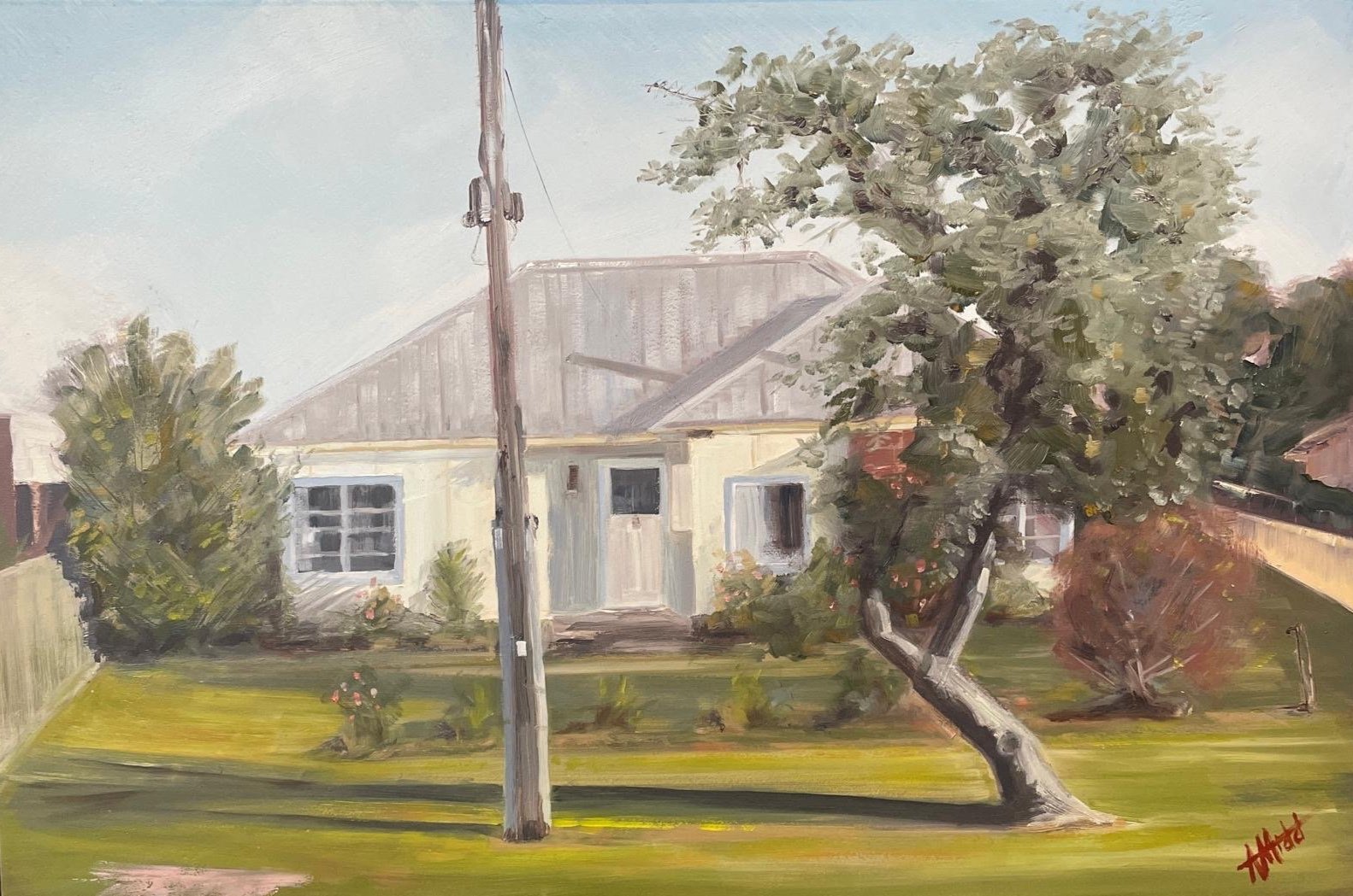 'Not for long' / Boston Road. Framed 60 x 40 cm. Oil on board. Price $500. It was the old, red brick chimney and the pink Camellia that caught my eye the first time I saw this house. On further examination I found more and more quirk that I could thr
