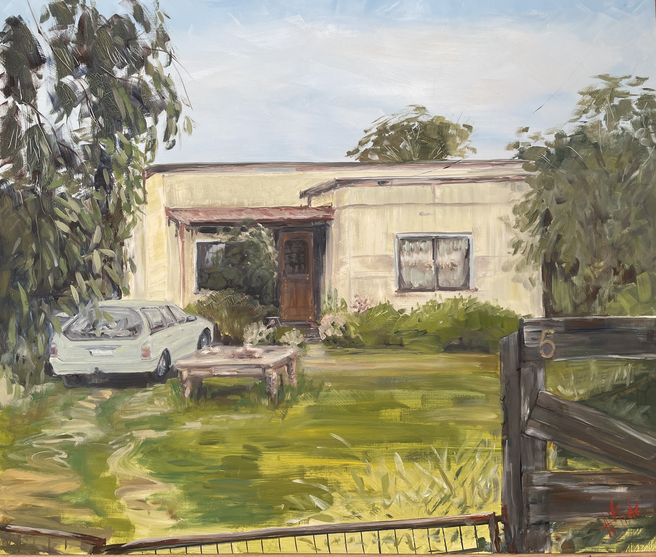 'Not forgotten' / Boston St, Torquay. 40 x 60 cm. Oil on board. $550. The stories this old Fibro could tell. Lost behind tall grass, a carefully placed timber table feature in the middle of the lawn and a rusty gate, time has stood still it seems sin