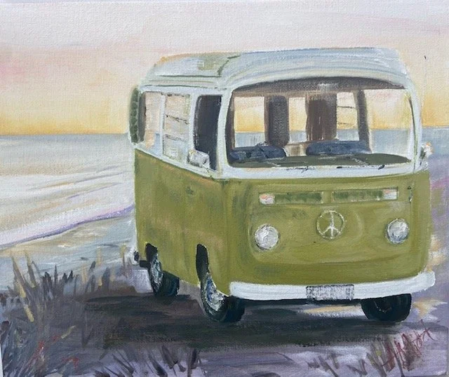 West Coast Kombi: 'Golden hour on the South Island of Zealand just north of Rapahoe'. 25.5 x 35.5 cm, oil on canvas. SOLD.