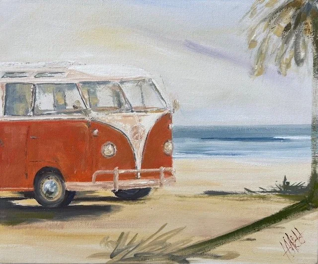 Californian Kombi: 'Casting shadows on Ocean Beach California'. 25.5 x 35.5 cm, oil on canvas. SOLD.