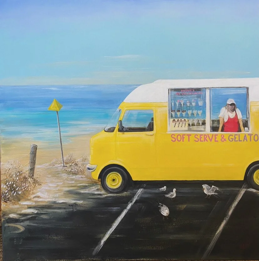 Yellow ice cream van, 1200 x 1200mm, acrylic on canvas, unframed. $1100. SOLD.