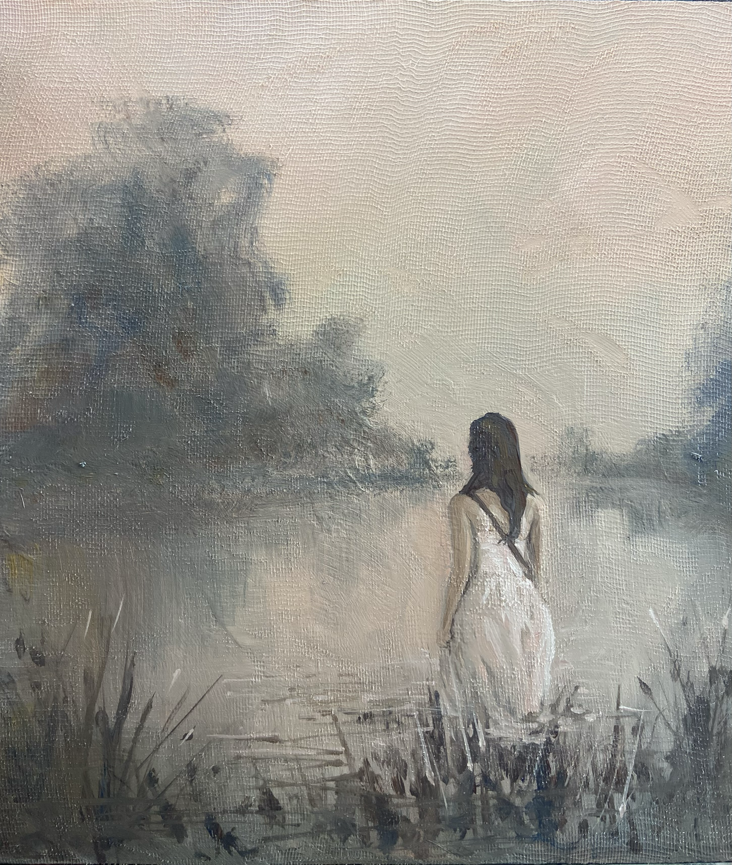 'The lake', 300 x 300mm, oil on muslin, unframed, $225.