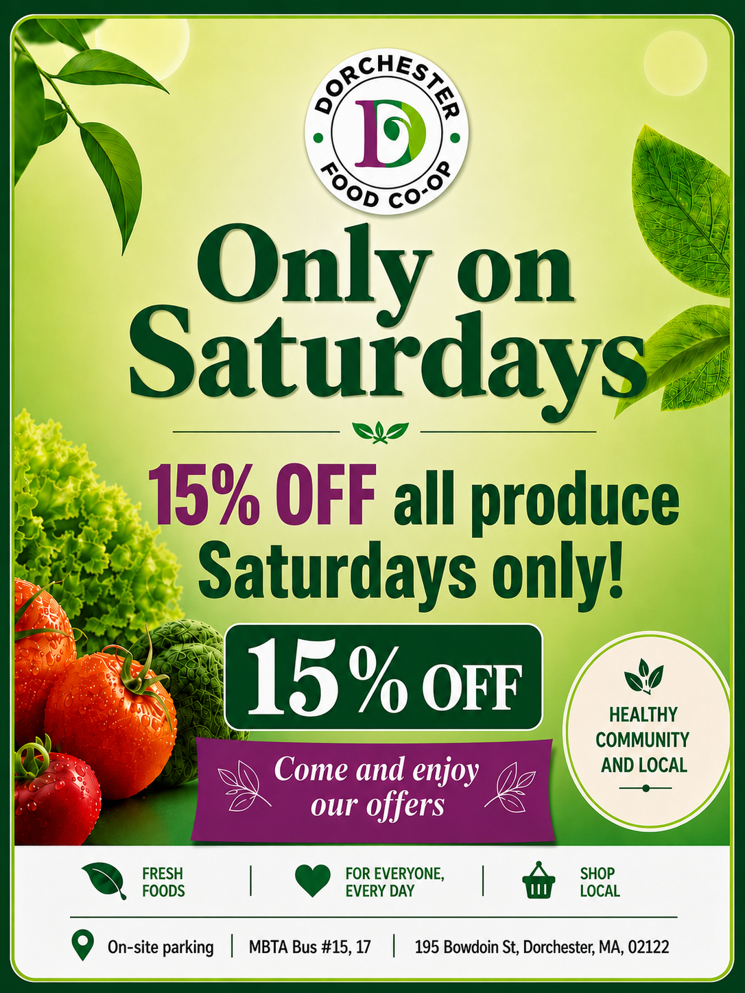 15% Off Produce Saturdays at Dorchester Food Co-op