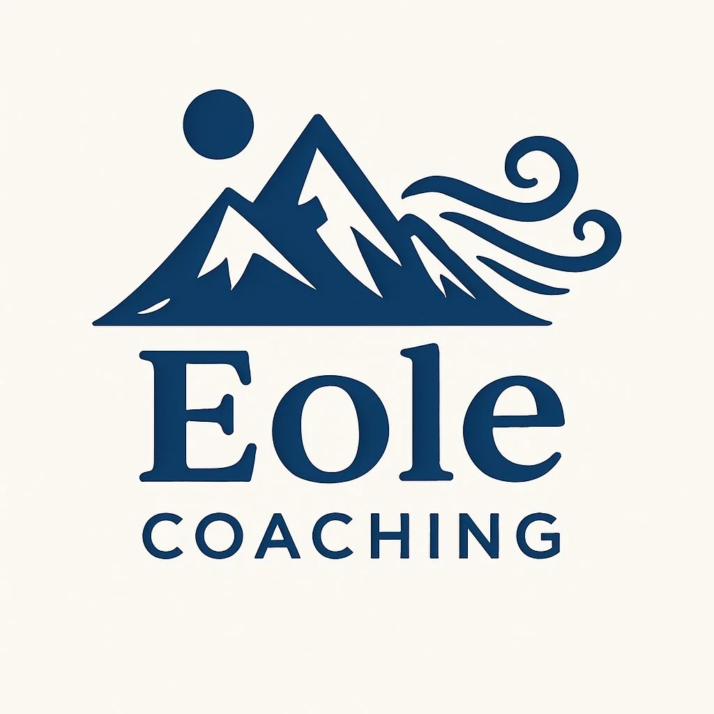 Logo for Eole Coaching featuring stylized mountains, a rising sun, and wind swirling to the right.