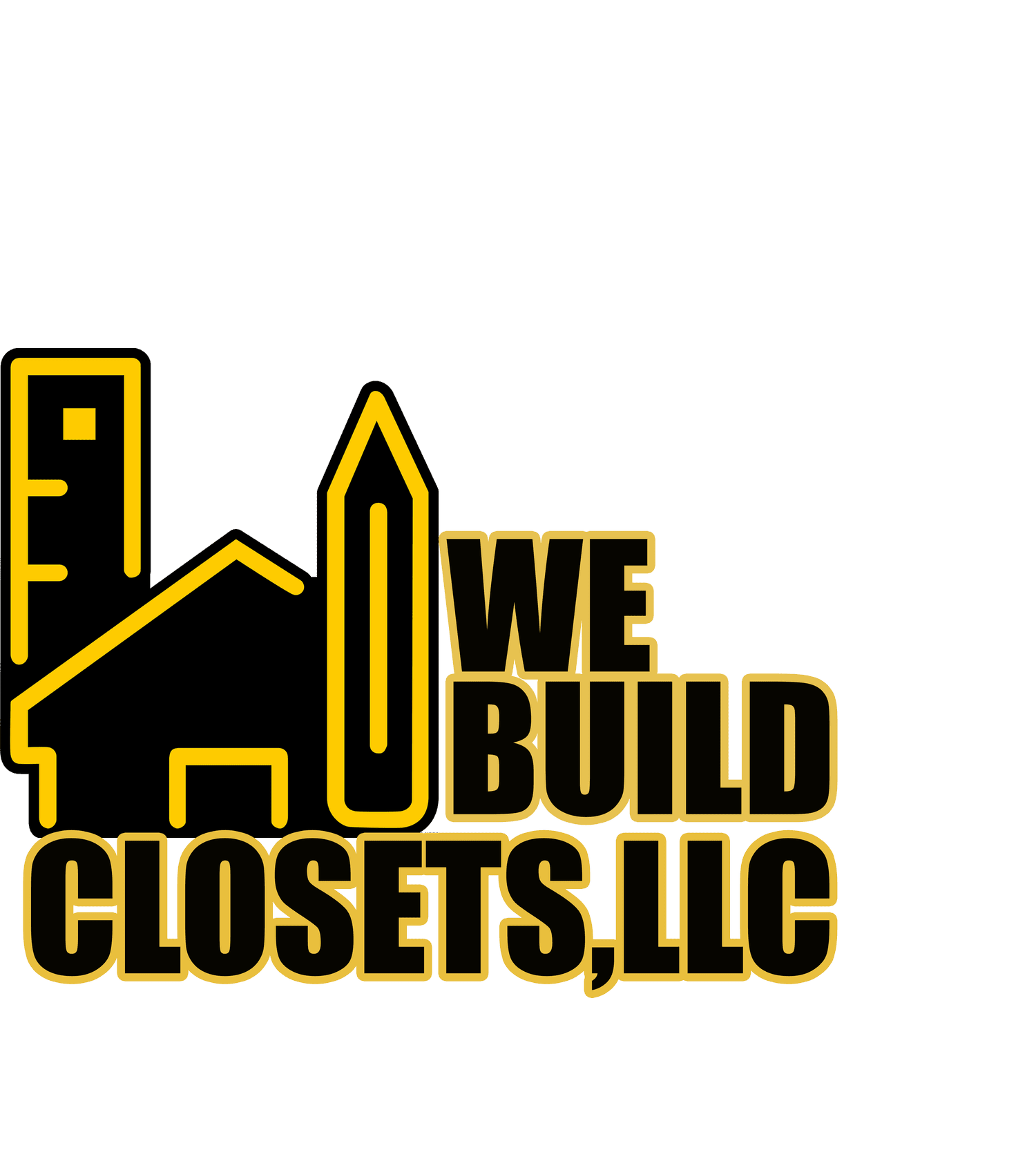 Design with yellow outline of a house, a ruler, and a pencil, along with the words 'We Build', 'Close', and 'Trust' in bold, black and yellow font.