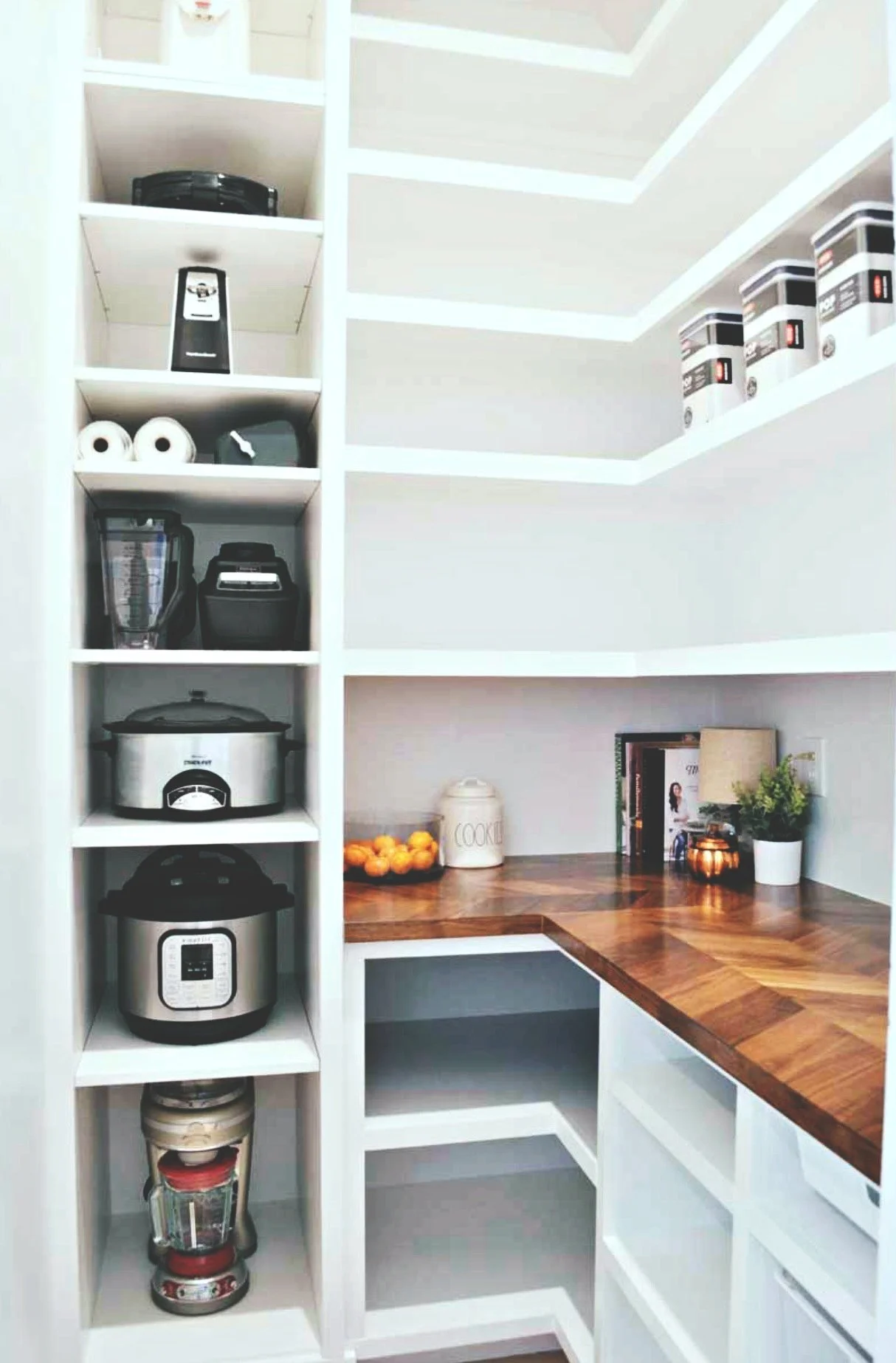 Kitchen pantry with shelves filled with small appliances on the left and a wooden countertop on the right, decorated with books, a potted plant, and small decorative items.